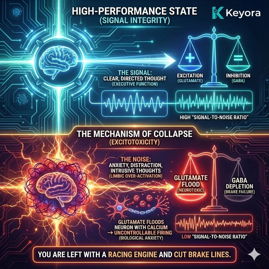 The Neuro-Chemical Axis. The visual contrasts "The Signal" (clear Executive Function) with "The Noise" (Limbic Over-activation), depicting a high-performance system losing its Signal-to-Noise Ratio. Metallic textures and cinematic lighting show the transition to Excitotoxicity, where a toxic flood of Calcium jams the NMDA receptors, forcing neurons into uncontrollable firing. This functional schematic maps the biological collapse of neural brake lines, defining anxiety as a measurable electrical failure within the Four-Drive System. The Neuro-Chemical Axis. The visual contrasts "The Signal" (clear Executive Function) with "The Noise" (Limbic Over-activation), depicting a high-performance system losing its Signal-to-Noise Ratio. Metallic textures and cinematic lighting show the transition to Excitotoxicity, where a toxic flood of Calcium jams the NMDA receptors, forcing neurons into uncontrollable firing. This functional schematic maps the biological collapse of neural brake lines, defining anxiety as a measurable electrical failure within the Four-Drive System.