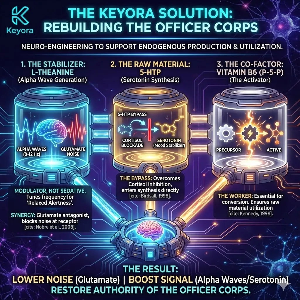 High-end scientific render depicting the Neuro-Engineering of Axis I within the neural synapse. The visual illustrates the three-step stabilization process: L-Theanine tuning brain frequencies to Alpha Waves (8-12 Hz) while blocking Glutamate "Noise," 5-HTP bypassing the Cortisol-induced bottleneck, and Vitamin B6 (P-5-P) acting as the Activator for Serotonin synthesis. Metallic textures and glowing gold accents show the restoration of the "Officer Corps," shifting the neural environment from chaotic firing to a state of relaxed alertness and engineered flow. High-end scientific render depicting the Neuro-Engineering of Axis I within the neural synapse. The visual illustrates the three-step stabilization process: L-Theanine tuning brain frequencies to Alpha Waves (8-12 Hz) while blocking Glutamate "Noise," 5-HTP bypassing the Cortisol-induced bottleneck, and Vitamin B6 (P-5-P) acting as the Activator for Serotonin synthesis. Metallic textures and glowing gold accents show the restoration of the "Officer Corps," shifting the neural environment from chaotic firing to a state of relaxed alertness and engineered flow.