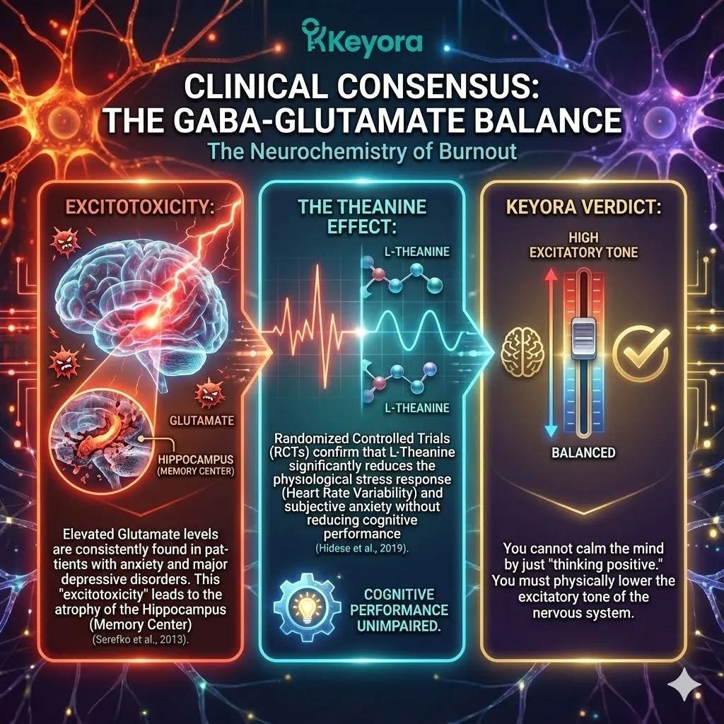 High-end scientific render depicting the biochemical shift from Excitotoxicity to structural Regulation. The 3D visual contrasts the "Neural Noise" of elevated Glutamate—shown as corrosive electrical arcing—with the stabilizing influence of L-Theanine on Heart Rate Variability. Metallic textures and cinematic lighting illustrate the protection of the Hippocampus from atrophy, mapping the transition from a hyper-excitable nervous system to a state of clinical calm. This functional schematic proves that cognitive performance is maintained through the physical reduction of excitatory tone within the Four-Drive System. High-end scientific render depicting the biochemical shift from Excitotoxicity to structural Regulation. The 3D visual contrasts the "Neural Noise" of elevated Glutamate—shown as corrosive electrical arcing—with the stabilizing influence of L-Theanine on Heart Rate Variability. Metallic textures and cinematic lighting illustrate the protection of the Hippocampus from atrophy, mapping the transition from a hyper-excitable nervous system to a state of clinical calm. This functional schematic proves that cognitive performance is maintained through the physical reduction of excitatory tone within the Four-Drive System.