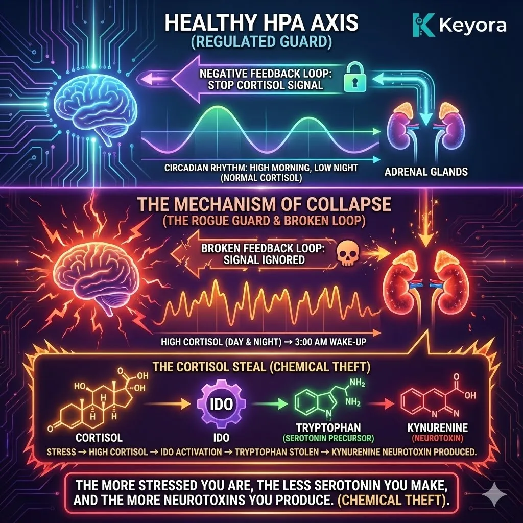3D macro render depicting the "Cortisol Steal" within the Endocrine-Stress Axis. The visual illustrates the broken Negative Feedback Loop where the HPA Axis remains in a state of hyper-vigilance, and the IDO enzyme is shown as a high-tech siphon stealing Tryptophan molecules. Metallic textures and cinematic lighting map the conversion of the "Mood Signal" into Kynurenine neurotoxins, creating a biological coup within the neural fortress. This functional schematic proves that stress-induced depression is a chemical theft, requiring the re-engineering of the Rogue Guard to restore neurological sovereignty. 3D macro render depicting the "Cortisol Steal" within the Endocrine-Stress Axis. The visual illustrates the broken Negative Feedback Loop where the HPA Axis remains in a state of hyper-vigilance, and the IDO enzyme is shown as a high-tech siphon stealing Tryptophan molecules. Metallic textures and cinematic lighting map the conversion of the "Mood Signal" into Kynurenine neurotoxins, creating a biological coup within the neural fortress. This functional schematic proves that stress-induced depression is a chemical theft, requiring the re-engineering of the Rogue Guard to restore neurological sovereignty.
