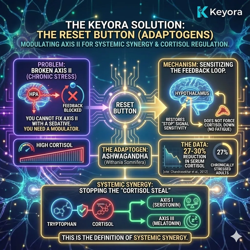 High-end scientific render depicting the "Reset Button" within Axis II: The Endocrine-Stress Axis. The 3D visual illustrates Ashwagandha acting on the Hypothalamus to restore sensitivity to the negative feedback signal, effectively silencing the Rogue Guard. Metallic textures and glowing cyan accents show the cessation of the "Cortisol Steal," protecting Tryptophan molecules for the synthesis of Serotonin and Melatonin. This functional schematic maps the transition from chronic hormonal theft to systemic synergy, demonstrating the clinical restoration of the body's internal feedback loops. High-end scientific render depicting the "Reset Button" within Axis II: The Endocrine-Stress Axis. The 3D visual illustrates Ashwagandha acting on the Hypothalamus to restore sensitivity to the negative feedback signal, effectively silencing the Rogue Guard. Metallic textures and glowing cyan accents show the cessation of the "Cortisol Steal," protecting Tryptophan molecules for the synthesis of Serotonin and Melatonin. This functional schematic maps the transition from chronic hormonal theft to systemic synergy, demonstrating the clinical restoration of the body's internal feedback loops.