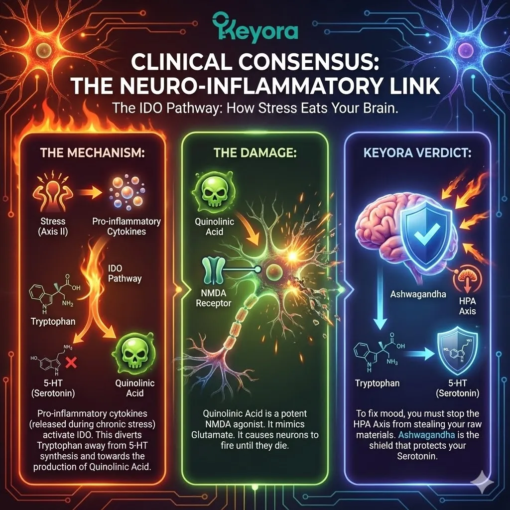 High-end scientific render depicting the IDO Pathway as a "chemical siphon" within the neural environment. The 3D visual maps the diversion of Tryptophan into Quinolinic Acid, illustrating the "Neuro-Inflammatory Link" where stress-induced toxins mimic Glutamate and trigger cellular death. Metallic textures and vibrant gold accents show Ashwagandha acting as a molecular shield, blocking the activation of IDO and preserving the Serotonin synthesis line. This functional schematic proves that mood restoration requires the physical protection of raw materials from HPA-axis hyperactivity. High-end scientific render depicting the IDO Pathway as a "chemical siphon" within the neural environment. The 3D visual maps the diversion of Tryptophan into Quinolinic Acid, illustrating the "Neuro-Inflammatory Link" where stress-induced toxins mimic Glutamate and trigger cellular death. Metallic textures and vibrant gold accents show Ashwagandha acting as a molecular shield, blocking the activation of IDO and preserving the Serotonin synthesis line. This functional schematic proves that mood restoration requires the physical protection of raw materials from HPA-axis hyperactivity.