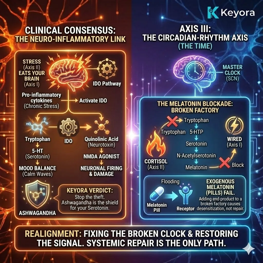 The Circadian-Rhythm Axis, depicting the "Melatonin Blockade" within the Suprachiasmatic Nucleus. The visual illustrates the broken assembly line from Tryptophan to Melatonin, where high Cortisol and Adrenergic "Noise" physically halt the conversion process. Metallic textures and deep midnight blue backgrounds contrast with flickering neon cyan signals to show "Social Jetlag" disrupting the Master Clock. This functional schematic maps the failure of exogenous melatonin, proving that circadian restoration requires fixing the entire biochemical sequence rather than just adding the end-product to a broken factory. The Circadian-Rhythm Axis, depicting the "Melatonin Blockade" within the Suprachiasmatic Nucleus. The visual illustrates the broken assembly line from Tryptophan to Melatonin, where high Cortisol and Adrenergic "Noise" physically halt the conversion process. Metallic textures and deep midnight blue backgrounds contrast with flickering neon cyan signals to show "Social Jetlag" disrupting the Master Clock. This functional schematic maps the failure of exogenous melatonin, proving that circadian restoration requires fixing the entire biochemical sequence rather than just adding the end-product to a broken factory.