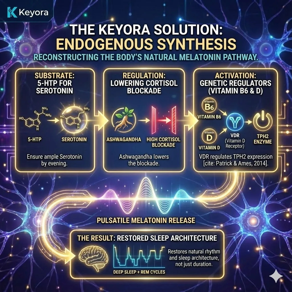 High-end scientific render depicting the "Architecture of Endogenous Synthesis" within the pineal gland and brainstem. The 3D visual illustrates the reconstructed melatonin pathway: 5-HTP providing the substrate, Ashwagandha lifting the Cortisol blockade, and Vitamin D/B6 acting as genetic regulators at the VDR receptor sites. Metallic textures and bioluminescent fluid show the transition from a broken assembly line to a pulsatile, natural melatonin release. This functional schematic maps the restoration of Sleep Architecture, prioritizing deep SWS and REM cycles through biological autonomy.High-end scientific render depicting the "Architecture of Endogenous Synthesis" within the pineal gland and brainstem. The 3D visual illustrates the reconstructed melatonin pathway: 5-HTP providing the substrate, Ashwagandha lifting the Cortisol blockade, and Vitamin D/B6 acting as genetic regulators at the VDR receptor sites. Metallic textures and bioluminescent fluid show the transition from a broken assembly line to a pulsatile, natural melatonin release. This functional schematic maps the restoration of Sleep Architecture, prioritizing deep SWS and REM cycles through biological autonomy. High-end scientific render depicting the "Architecture of Endogenous Synthesis" within the pineal gland and brainstem. The 3D visual illustrates the reconstructed melatonin pathway: 5-HTP providing the substrate, Ashwagandha lifting the Cortisol blockade, and Vitamin D/B6 acting as genetic regulators at the VDR receptor sites. Metallic textures and bioluminescent fluid show the transition from a broken assembly line to a pulsatile, natural melatonin release. This functional schematic maps the restoration of Sleep Architecture, prioritizing deep SWS and REM cycles through biological autonomy.High-end scientific render depicting the "Architecture of Endogenous Synthesis" within the pineal gland and brainstem. The 3D visual illustrates the reconstructed melatonin pathway: 5-HTP providing the substrate, Ashwagandha lifting the Cortisol blockade, and Vitamin D/B6 acting as genetic regulators at the VDR receptor sites. Metallic textures and bioluminescent fluid show the transition from a broken assembly line to a pulsatile, natural melatonin release. This functional schematic maps the restoration of Sleep Architecture, prioritizing deep SWS and REM cycles through biological autonomy.