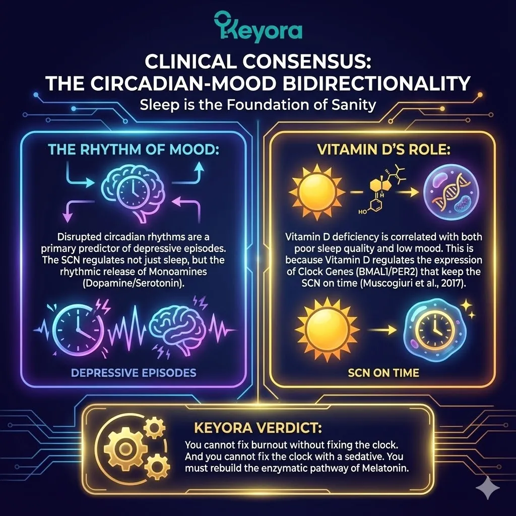 High-end scientific render depicting the "Circadian-Mood Bidirectionality" within the Suprachiasmatic Nucleus (SCN). The 3D visual illustrates the Master Clock’s regulation of Monoamine (Dopamine/Serotonin) release, showing the transition from "Social Jetlag" to temporal synchronization. Metallic textures and vibrant gold accents map Vitamin D’s role in activating Clock Genes (BMAL1/PER2) to keep the system on time. This functional schematic proves that fixing burnout requires rebuilding the enzymatic pathway of Melatonin to restore the rhythmic foundation of neurological sanity. High-end scientific render depicting the "Circadian-Mood Bidirectionality" within the Suprachiasmatic Nucleus (SCN). The 3D visual illustrates the Master Clock’s regulation of Monoamine (Dopamine/Serotonin) release, showing the transition from "Social Jetlag" to temporal synchronization. Metallic textures and vibrant gold accents map Vitamin D’s role in activating Clock Genes (BMAL1/PER2) to keep the system on time. This functional schematic proves that fixing burnout requires rebuilding the enzymatic pathway of Melatonin to restore the rhythmic foundation of neurological sanity.