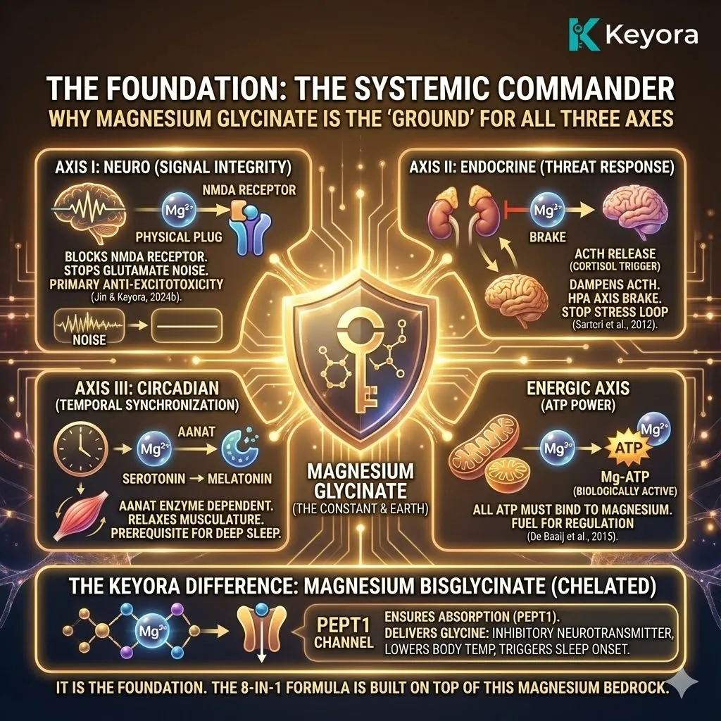 3D macro render of Magnesium Bisglycinate as the "Systemic Commander" and biological bedrock of the Tri-Axis Model. The visual illustrates Magnesium acting as the physical "Plug" for the NMDA receptor (Axis I), the "Brake" on ACTH and the HPA axis (Axis II), and the essential cofactor for the AANAT enzyme in Melatonin synthesis (Axis III). Translucent glass textures and vibrant gold accents depict the formation of the Mg-ATP complex, symbolizing the activation of the brain's power grid. This functional schematic maps the dual action of the Glycine chelate, showing the PEPT1 absorption pathway and the lowering of core body temperature for engineered sleep onset. 3D macro render of Magnesium Bisglycinate as the "Systemic Commander" and biological bedrock of the Tri-Axis Model. The visual illustrates Magnesium acting as the physical "Plug" for the NMDA receptor (Axis I), the "Brake" on ACTH and the HPA axis (Axis II), and the essential cofactor for the AANAT enzyme in Melatonin synthesis (Axis III). Translucent glass textures and vibrant gold accents depict the formation of the Mg-ATP complex, symbolizing the activation of the brain's power grid. This functional schematic maps the dual action of the Glycine chelate, showing the PEPT1 absorption pathway and the lowering of core body temperature for engineered sleep onset.