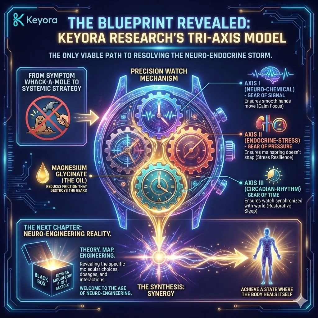 High-end scientific render depicting the "Synthesis of the Tri-Axis Blueprint" through the metaphor of a precision-engineered watch. The 3D visual integrates the Gear of Signal (Axis I), the Gear of Pressure (Axis II), and the Gear of Time (Axis III) into a single, high-performance mechanism. Translucent glass textures and bioluminescent fluid show Magnesium Glycinate as the "Biological Oil" lubricating every contact point. This architectural schematic maps the transition from systemic friction to synchronized synergy, marking the definitive shift into the age of Neuro-Engineering and the establishment of the MoodFlow 8-in-1 Matrix as the physical fortress for the mind. High-end scientific render depicting the "Synthesis of the Tri-Axis Blueprint" through the metaphor of a precision-engineered watch. The 3D visual integrates the Gear of Signal (Axis I), the Gear of Pressure (Axis II), and the Gear of Time (Axis III) into a single, high-performance mechanism. Translucent glass textures and bioluminescent fluid show Magnesium Glycinate as the "Biological Oil" lubricating every contact point. This architectural schematic maps the transition from systemic friction to synchronized synergy, marking the definitive shift into the age of Neuro-Engineering and the establishment of the MoodFlow 8-in-1 Matrix as the physical fortress for the mind.