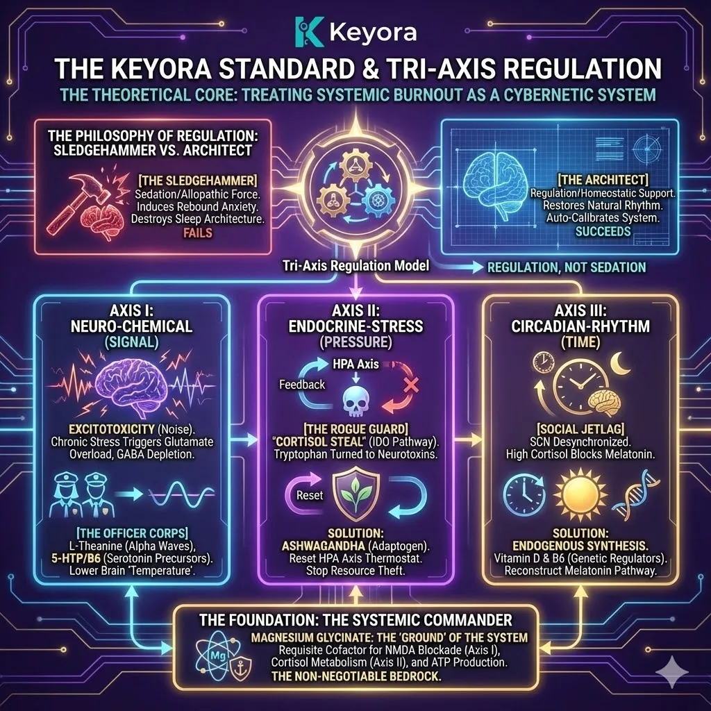 High-end scientific summary render of the Tri-Axis Regulation Model. The 3D visual depicts the "Cybernetic Fortress," where the Signal (Axis I), Pressure (Axis II), and Time (Axis III) systems are vertically integrated. Magnesium Bisglycinate is rendered as the translucent glass foundation, stabilized by glowing golden roots that represent the transition from "Sledgehammer" sedation to "Architectural" regulation. This functional schematic maps the final theoretical core of the Keyora Manifesto, showing the restoration of the Negative Feedback Loop and the elimination of the Cortisol Steal to achieve total neurological sovereignty. High-end scientific summary render of the Tri-Axis Regulation Model. The 3D visual depicts the "Cybernetic Fortress," where the Signal (Axis I), Pressure (Axis II), and Time (Axis III) systems are vertically integrated. Magnesium Bisglycinate is rendered as the translucent glass foundation, stabilized by glowing golden roots that represent the transition from "Sledgehammer" sedation to "Architectural" regulation. This functional schematic maps the final theoretical core of the Keyora Manifesto, showing the restoration of the Negative Feedback Loop and the elimination of the Cortisol Steal to achieve total neurological sovereignty.