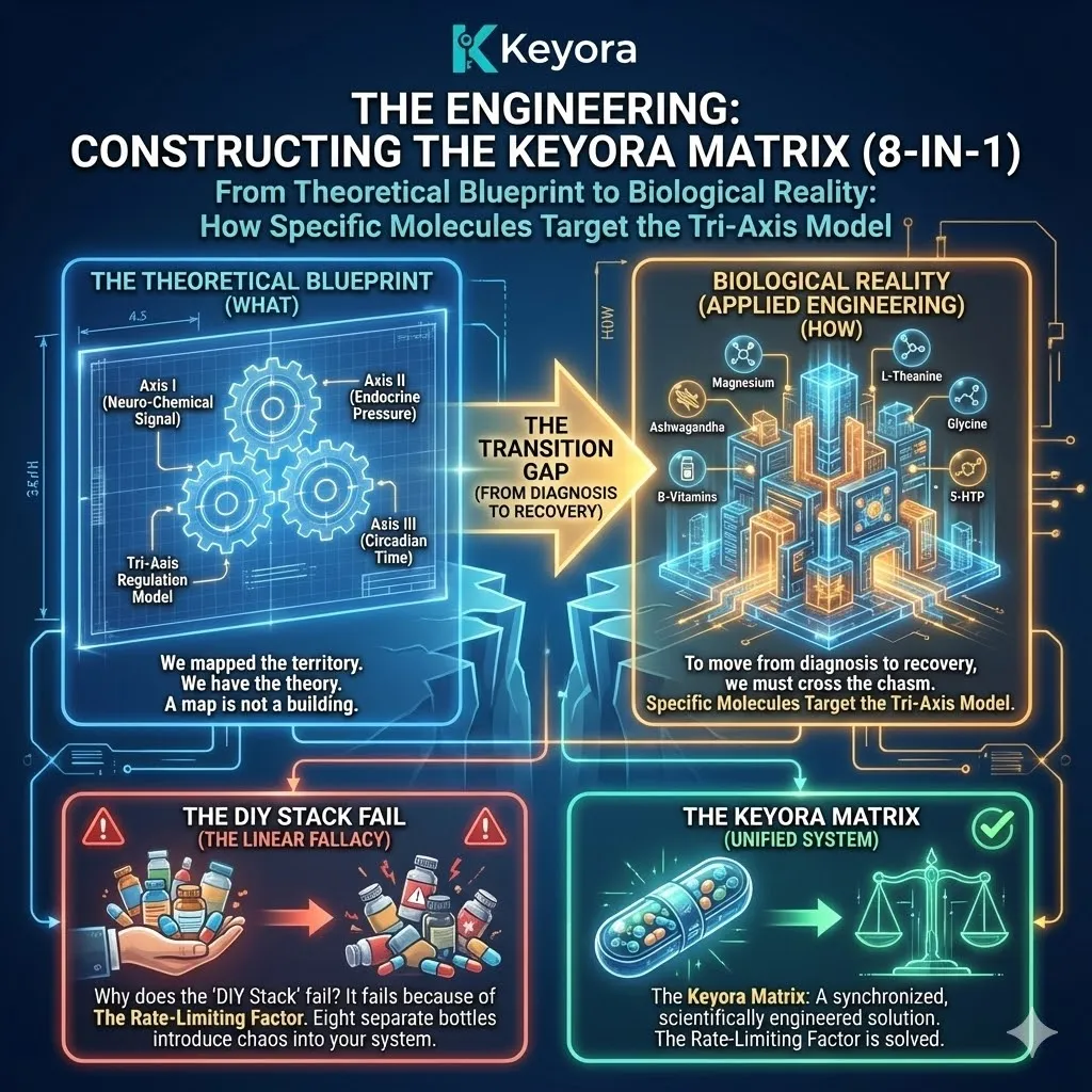 High-end scientific render depicting the "Linear Fallacy" of the DIY stack versus the engineered "Biological Reality." The 3D visual illustrates a chaotic assembly of disparate supplement bottles creating "Molecular Noise," contrasted with the streamlined, unified architecture of the Keyora Matrix. Metallic textures and vibrant gold accents show the transition from uncoordinated raw materials to a precision-engineered delivery system. This functional schematic maps the gap between a theoretical blueprint and a physical building, establishing the necessity of molecular synergy to overcome the rate-limiting factors of the DIY approach. High-end scientific render depicting the "Linear Fallacy" of the DIY stack versus the engineered "Biological Reality." The 3D visual illustrates a chaotic assembly of disparate supplement bottles creating "Molecular Noise," contrasted with the streamlined, unified architecture of the Keyora Matrix. Metallic textures and vibrant gold accents show the transition from uncoordinated raw materials to a precision-engineered delivery system. This functional schematic maps the gap between a theoretical blueprint and a physical building, establishing the necessity of molecular synergy to overcome the rate-limiting factors of the DIY approach.
