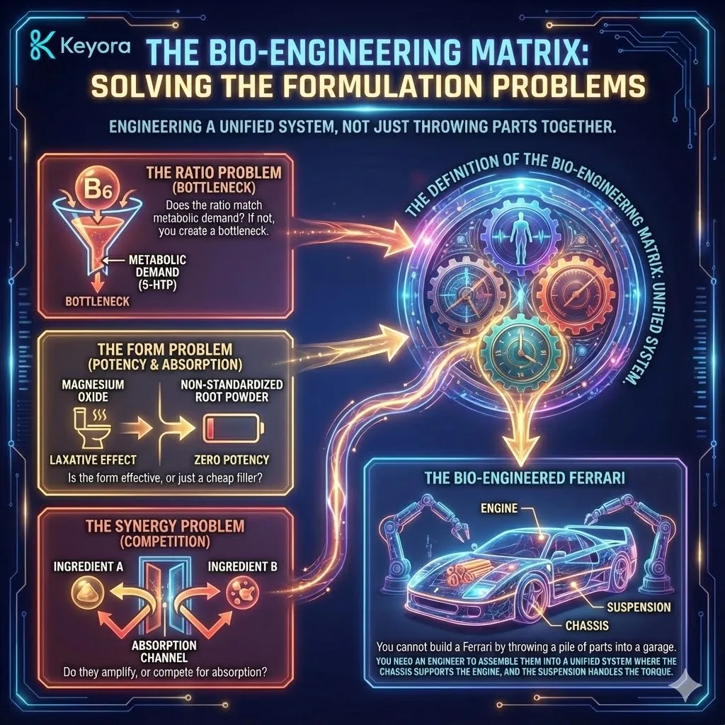 High-end scientific render depicting the "Bio-Engineering Matrix" versus the "Ratio Bottleneck." The 3D visual illustrates the failure of uncoordinated parts (the Linear Fallacy) where mismatched ratios and poor molecular forms create a metabolic pile-up. In contrast, the Keyora Matrix is rendered as a unified 8k resolution engine, where metallic textures and bioluminescent fluid show the chassis (Magnesium) supporting the torque (5-HTP/B6) through synchronized absorption channels. This functional schematic maps the transition from a "pile of parts" to a precision-engineered Ferrari-class biological system. High-end scientific render depicting the "Bio-Engineering Matrix" versus the "Ratio Bottleneck." The 3D visual illustrates the failure of uncoordinated parts (the Linear Fallacy) where mismatched ratios and poor molecular forms create a metabolic pile-up. In contrast, the Keyora Matrix is rendered as a unified 8k resolution engine, where metallic textures and bioluminescent fluid show the chassis (Magnesium) supporting the torque (5-HTP/B6) through synchronized absorption channels. This functional schematic maps the transition from a "pile of parts" to a precision-engineered Ferrari-class biological system.