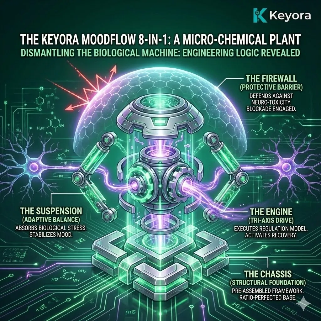 High-end scientific render depicting the MoodFlow 8-in-1 Matrix as a "Micro-Chemical Plant." The 3D visual illustrates the transition from raw molecules to a pre-assembled, ratio-perfected biological machine. Metallic textures, translucent glass, and bioluminescent fluids map the structural components: the Chassis (Magnesium), the Engine (Neuro-transmitters), the Suspension (Adaptogens), and the Firewall (Antioxidants). This functional schematic establishes the engineering logic of the Keyora Matrix, showing how individual milligrams are integrated into a unified system for systemic recovery. High-end scientific render depicting the MoodFlow 8-in-1 Matrix as a "Micro-Chemical Plant." The 3D visual illustrates the transition from raw molecules to a pre-assembled, ratio-perfected biological machine. Metallic textures, translucent glass, and bioluminescent fluids map the structural components: the Chassis (Magnesium), the Engine (Neuro-transmitters), the Suspension (Adaptogens), and the Firewall (Antioxidants). This functional schematic establishes the engineering logic of the Keyora Matrix, showing how individual milligrams are integrated into a unified system for systemic recovery.