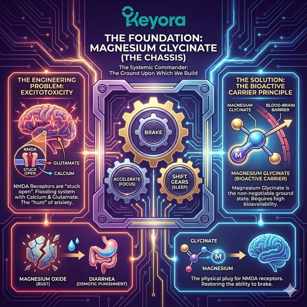 3D macro render of Magnesium Bisglycinate as "The Chassis." The visual depicts Magnesium acting as the physical "Plug" for NMDA receptors to stop Excitotoxicity. Metallic textures contrast the "Osmotic Punishment" of poor-quality Oxide with the superior absorption of the Keyora chelate. This functional schematic maps the Bioactive Carrier Principle, showing the molecular frame required to absorb the electrical shocks of the Neuro-Endocrine Storm. 3D macro render of Magnesium Bisglycinate as "The Chassis." The visual depicts Magnesium acting as the physical "Plug" for NMDA receptors to stop Excitotoxicity. Metallic textures contrast the "Osmotic Punishment" of poor-quality Oxide with the superior absorption of the Keyora chelate. This functional schematic maps the Bioactive Carrier Principle, showing the molecular frame required to absorb the electrical shocks of the Neuro-Endocrine Storm.