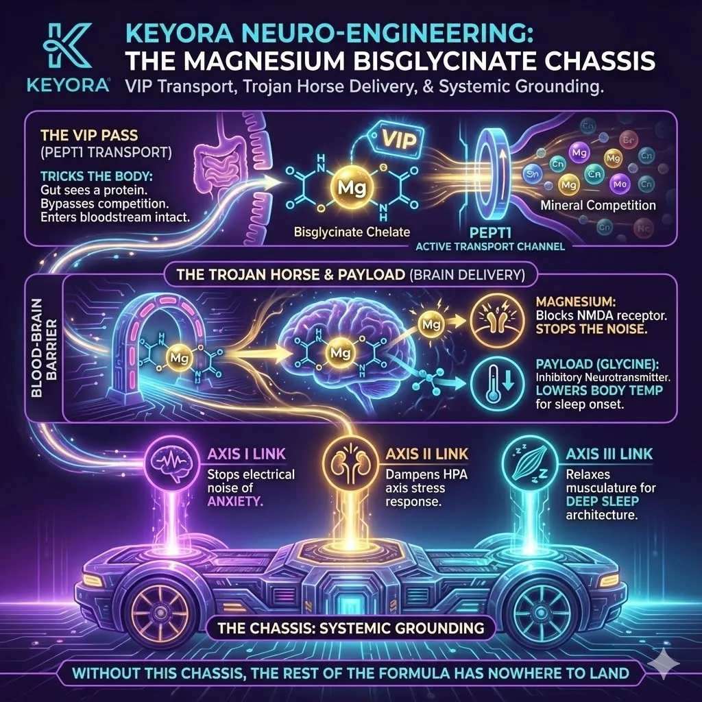 3D macro render of the Magnesium Bisglycinate "Trojan Horse." The visual shows the mineral wrapped in Glycine molecules, bypassing mineral competition via the PEPT1 Active Transport Channel. Metallic textures and bioluminescent fluid depict the "VIP Pass" through the Blood-Brain Barrier, where the payload splits to block NMDA receptors and lower core body temperature. This schematic maps the Chassis grounding all three axes to eliminate systemic noise. 3D macro render of the Magnesium Bisglycinate "Trojan Horse." The visual shows the mineral wrapped in Glycine molecules, bypassing mineral competition via the PEPT1 Active Transport Channel. Metallic textures and bioluminescent fluid depict the "VIP Pass" through the Blood-Brain Barrier, where the payload splits to block NMDA receptors and lower core body temperature. This schematic maps the Chassis grounding all three axes to eliminate systemic noise.