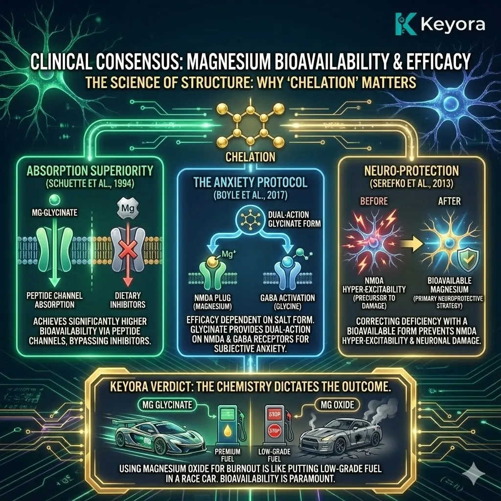 High-end scientific render depicting the "Pharmacokinetics of Chelation." The 3D visual contrasts the superior absorption of Magnesium Bisglycinate via peptide channels against the failure of inorganic salts. Metallic textures and cinematic lighting show the correction of "NMDA Hyper-excitability," illustrating the physical protection of neurons from damage. This functional schematic maps the dual-action protocol on NMDA and GABA receptors, proving that molecular structure determines the neuroprotective outcome within the Tri-Axis Model. High-end scientific render depicting the "Pharmacokinetics of Chelation." The 3D visual contrasts the superior absorption of Magnesium Bisglycinate via peptide channels against the failure of inorganic salts. Metallic textures and cinematic lighting show the correction of "NMDA Hyper-excitability," illustrating the physical protection of neurons from damage. This functional schematic maps the dual-action protocol on NMDA and GABA receptors, proving that molecular structure determines the neuroprotective outcome within the Tri-Axis Model.