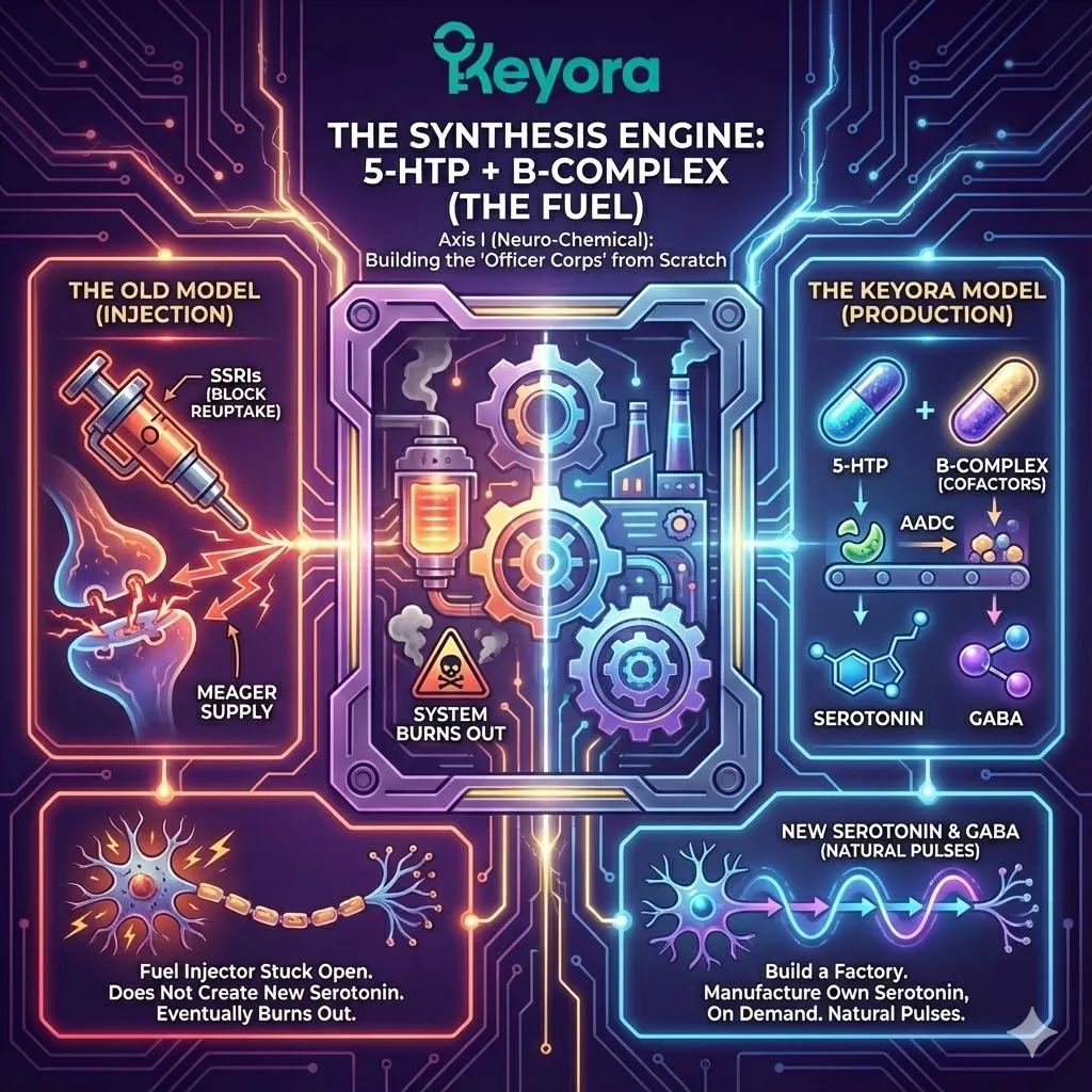 High-end scientific render depicting the "Synthesis Engine" within the neural synapse. The 3D visual contrasts the "Fuel Injection" of pharmaceutical reuptake inhibition with the Keyora "Factory Model" of endogenous production. Metallic textures and bioluminescent fluids show the assembly of 5-HTP and B-Complex into natural Serotonin pulses. This functional schematic maps the engineering of Axis I, prioritizing the replenishment of raw materials to rebuild the "Officer Corps" and ensure a sustainable supply of neuro-chemical stability. High-end scientific render depicting the "Synthesis Engine" within the neural synapse. The 3D visual contrasts the "Fuel Injection" of pharmaceutical reuptake inhibition with the Keyora "Factory Model" of endogenous production. Metallic textures and bioluminescent fluids show the assembly of 5-HTP and B-Complex into natural Serotonin pulses. This functional schematic maps the engineering of Axis I, prioritizing the replenishment of raw materials to rebuild the "Officer Corps" and ensure a sustainable supply of neuro-chemical stability.