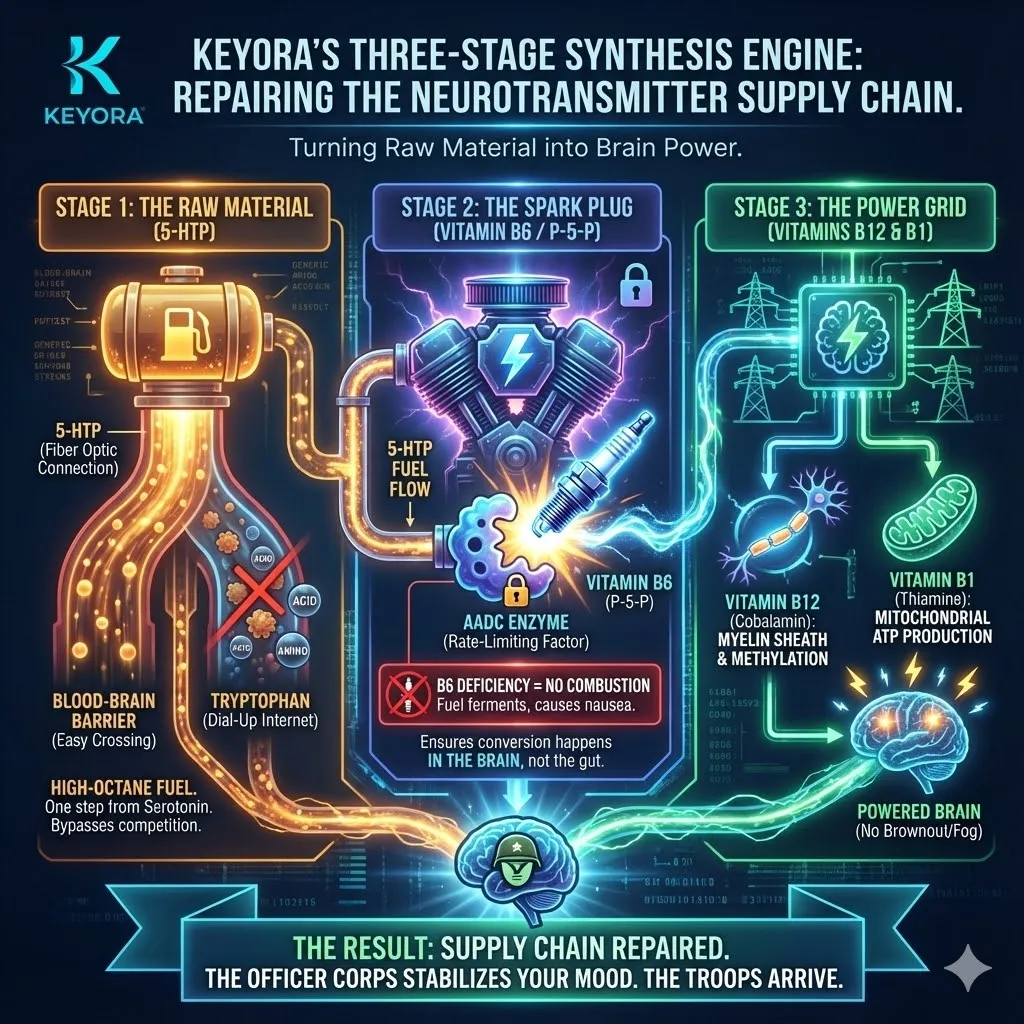 3D macro render of the "Three-Stage Synthesis Engine." The visual depicts Stage 1: 5-HTP crossing the blood-brain barrier like a "Fiber Optic" connection; Stage 2: Vitamin B6 (P-5-P) acting as the "Spark Plug" for enzyme conversion; and Stage 3: B12/B1 powering the "Power Grid." Metallic textures and cyan accents map the repair of the supply chain, showing the transition from a "Brownout" to a fully energized, stable neuro-chemical factory. 3D macro render of the "Three-Stage Synthesis Engine." The visual depicts Stage 1: 5-HTP crossing the blood-brain barrier like a "Fiber Optic" connection; Stage 2: Vitamin B6 (P-5-P) acting as the "Spark Plug" for enzyme conversion; and Stage 3: B12/B1 powering the "Power Grid." Metallic textures and cyan accents map the repair of the supply chain, showing the transition from a "Brownout" to a fully energized, stable neuro-chemical factory.