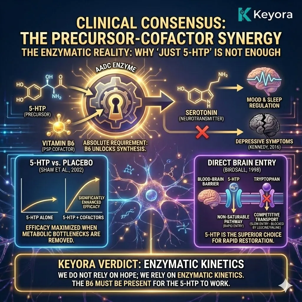 High-end scientific render depicting "Enzymatic Kinetics" within the serotonin factory. The 3D visual illustrates the absolute requirement of Vitamin B6 for the AADC enzyme to convert 5-HTP, contrasting this with the accumulation of useless precursors in a deficient state. Metallic textures and vibrant gold accents map the "non-saturable pathway" of 5-HTP across the blood-brain barrier. This schematic proves that removing metabolic bottlenecks is the only engineering solution for rapid neurotransmitter restoration. High-end scientific render depicting "Enzymatic Kinetics" within the serotonin factory. The 3D visual illustrates the absolute requirement of Vitamin B6 for the AADC enzyme to convert 5-HTP, contrasting this with the accumulation of useless precursors in a deficient state. Metallic textures and vibrant gold accents map the "non-saturable pathway" of 5-HTP across the blood-brain barrier. This schematic proves that removing metabolic bottlenecks is the only engineering solution for rapid neurotransmitter restoration.