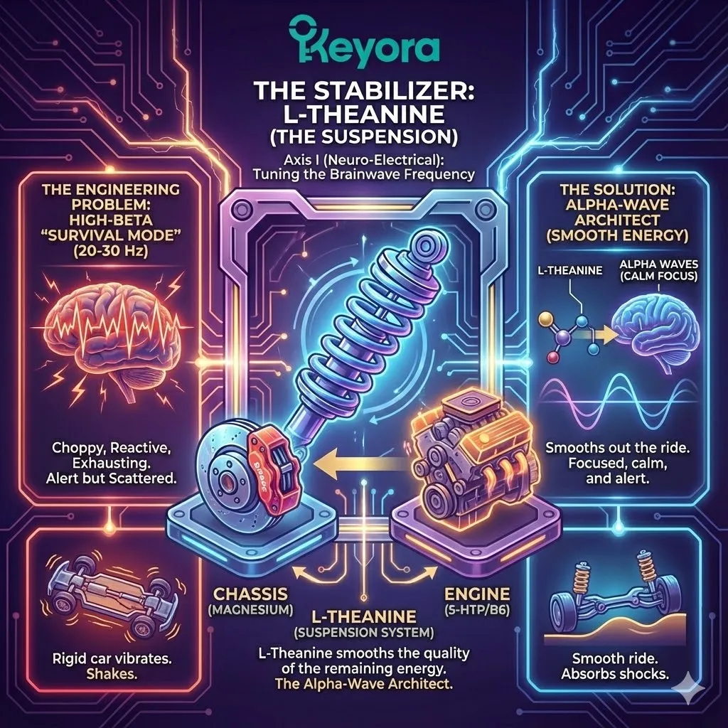 3D macro render of L-Theanine as "The Suspension" system for the brain. The visual contrasts the jagged, chaotic High-Beta waves (20-30 Hz) of a burnout state with the smooth, rhythmic Alpha waves (8-12 Hz) of "Flow." Metallic textures and neon cyan pulses illustrate L-Theanine acting as the Alpha-Wave Architect, smoothing the quality of neural energy. This schematic maps the transition from a reactive survival mode to a state of relaxed alertness and engineered focus. 3D macro render of L-Theanine as "The Suspension" system for the brain. The visual contrasts the jagged, chaotic High-Beta waves (20-30 Hz) of a burnout state with the smooth, rhythmic Alpha waves (8-12 Hz) of "Flow." Metallic textures and neon cyan pulses illustrate L-Theanine acting as the Alpha-Wave Architect, smoothing the quality of neural energy. This schematic maps the transition from a reactive survival mode to a state of relaxed alertness and engineered focus.