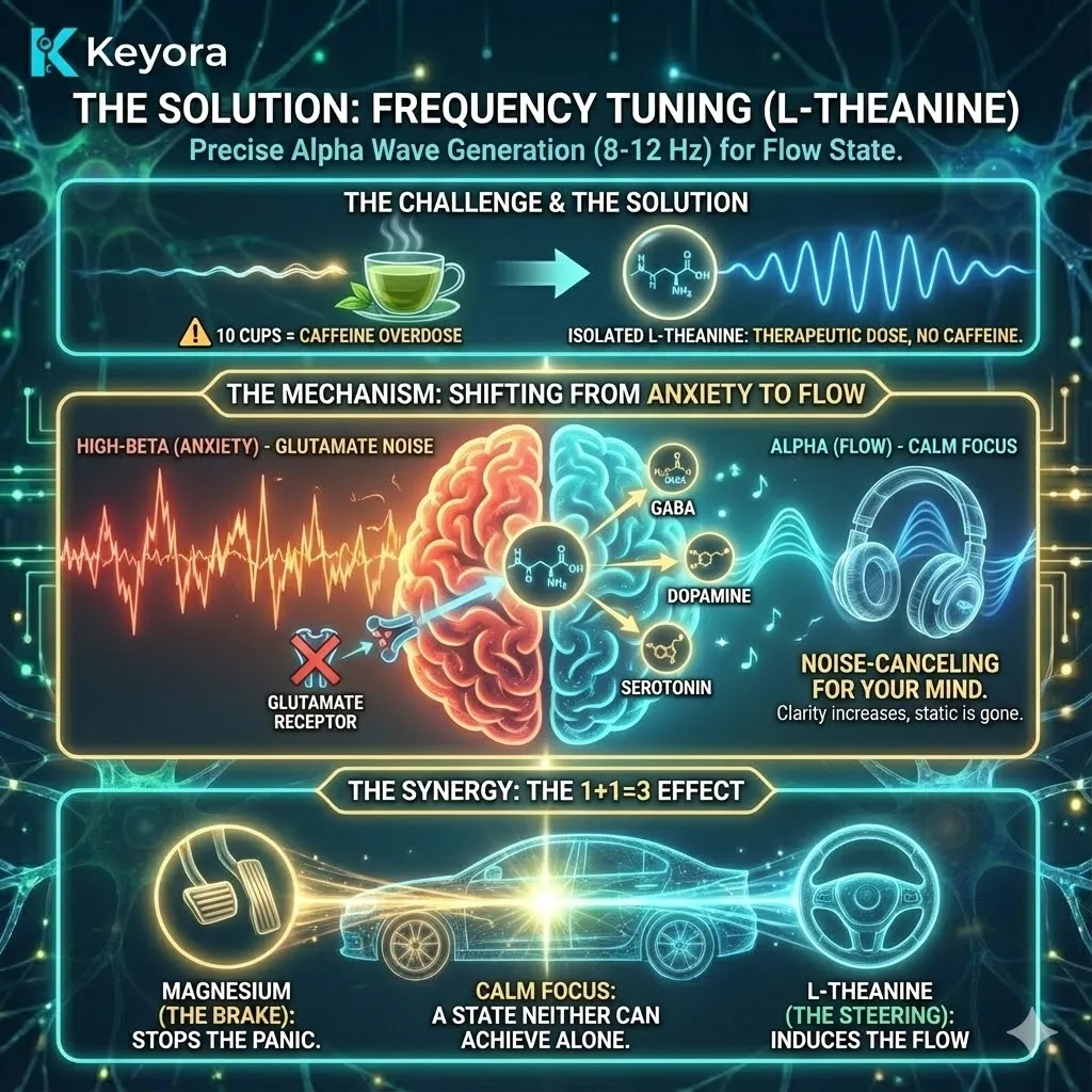 3D macro render of the "Alpha Wave Architect." The visual depicts L-Theanine molecules crossing the blood-brain barrier to act as "noise-canceling headphones" for the mind. Metallic textures and bioluminescent cyan pulses show the transition from High-Beta (20-30 Hz) "Survival Mode" to Alpha (8-12 Hz) "Flow." This functional schematic maps the synergy between the Magnesium Brake and the L-Theanine Steering, illustrating the engineered state of Calm Focus. 3D macro render of the "Alpha Wave Architect." The visual depicts L-Theanine molecules crossing the blood-brain barrier to act as "noise-canceling headphones" for the mind. Metallic textures and bioluminescent cyan pulses show the transition from High-Beta (20-30 Hz) "Survival Mode" to Alpha (8-12 Hz) "Flow." This functional schematic maps the synergy between the Magnesium Brake and the L-Theanine Steering, illustrating the engineered state of Calm Focus.
