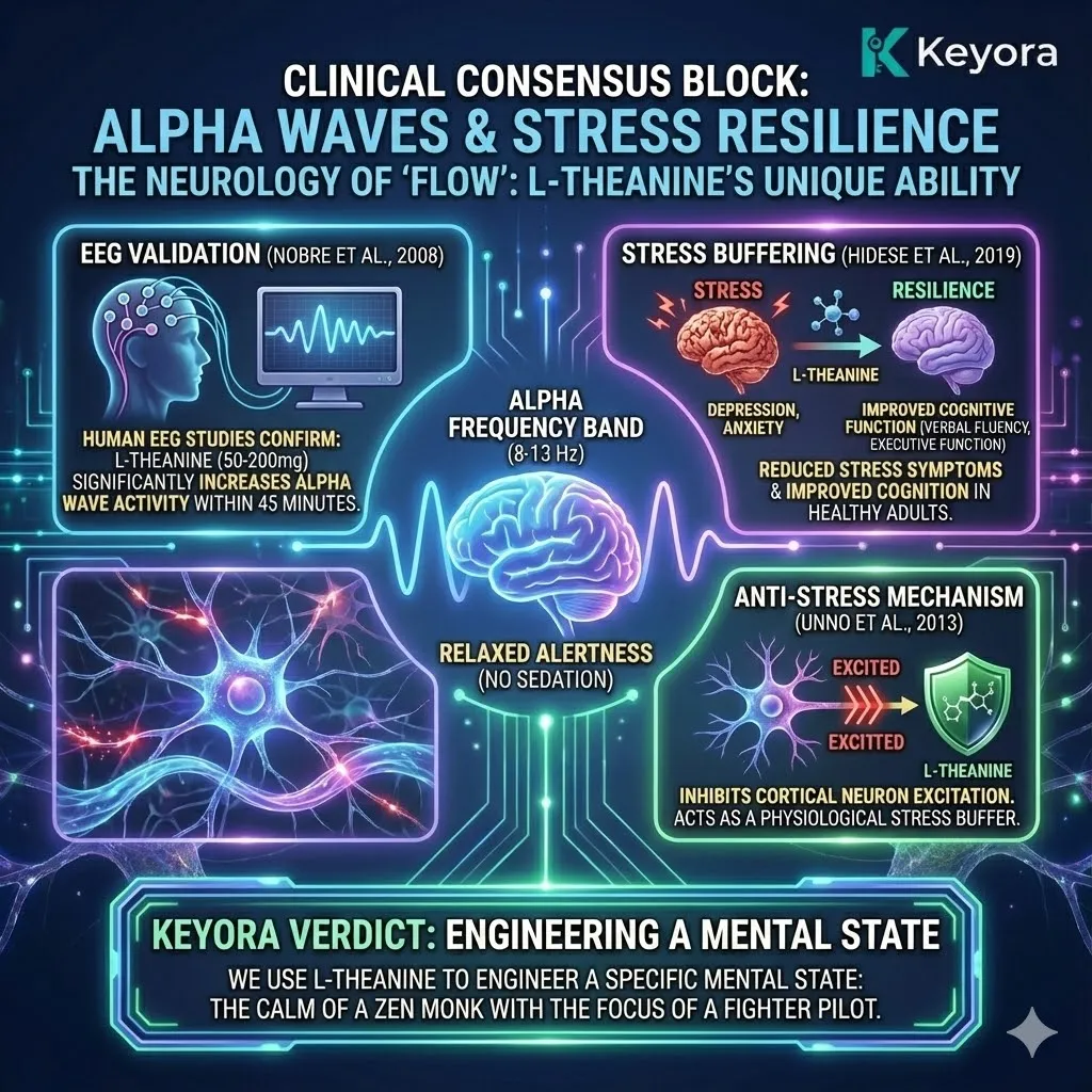 High-end scientific render depicting "The Neurology of Flow." The 3D visual illustrates L-Theanine engineering the "Alpha-Wave Buffer" across the cerebral cortex. Metallic textures and neon cyan pulses show the suppression of cortical neuron excitation, mapping the 45-minute transition to "Relaxed Alertness." This functional schematic proves the transition from high-stress fragmentation to synchronized verbal fluency and executive focus, manifesting the Keyora Standard of neurological sovereignty. High-end scientific render depicting "The Neurology of Flow." The 3D visual illustrates L-Theanine engineering the "Alpha-Wave Buffer" across the cerebral cortex. Metallic textures and neon cyan pulses show the suppression of cortical neuron excitation, mapping the 45-minute transition to "Relaxed Alertness." This functional schematic proves the transition from high-stress fragmentation to synchronized verbal fluency and executive focus, manifesting the Keyora Standard of neurological sovereignty.