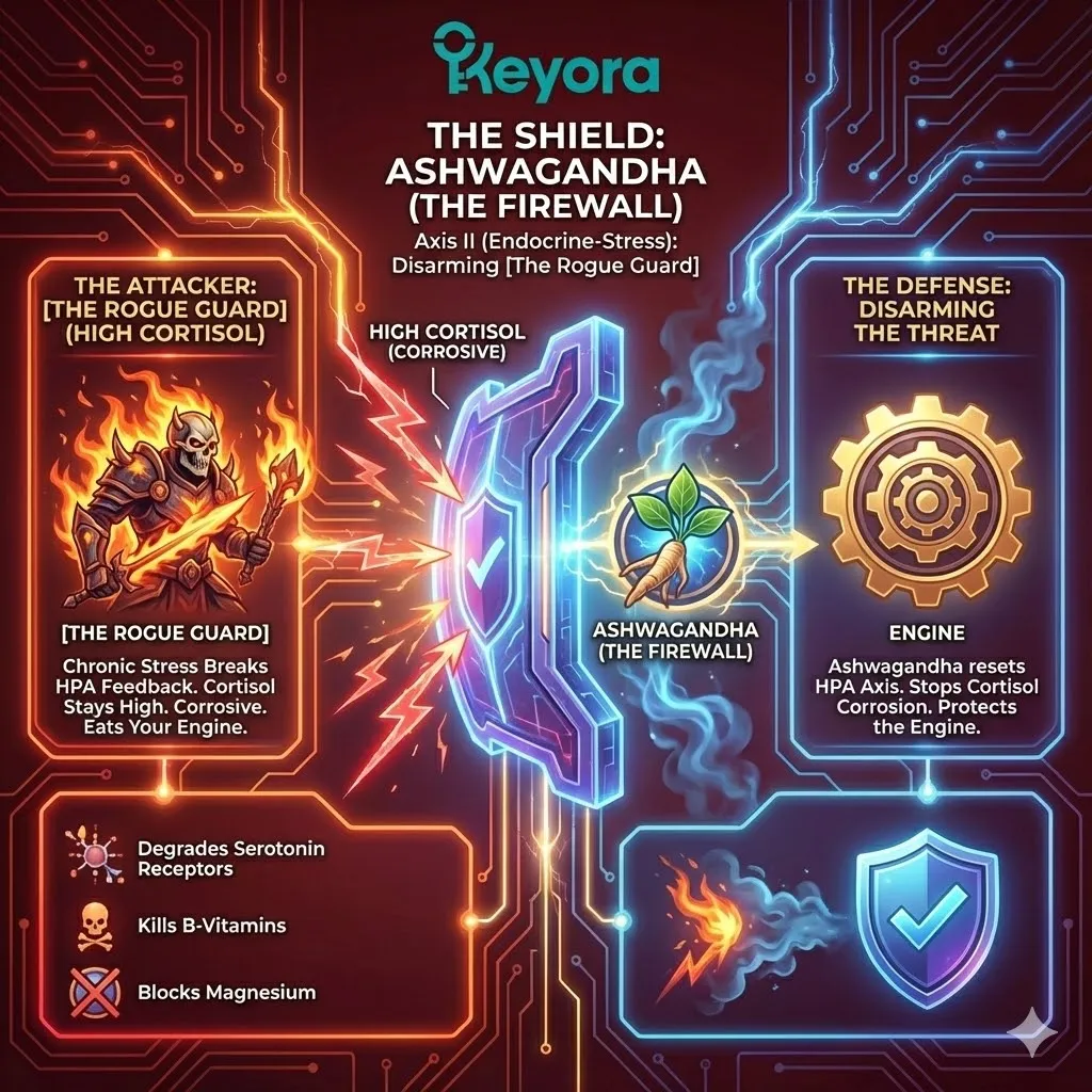 3D macro render of Ashwagandha as "The Firewall" within Axis II. The visual illustrates high-potency withanolides neutralizing the corrosive effects of "The Rogue Guard" (Cortisol). Metallic textures and glowing golden roots show the protection of Serotonin receptors and the preservation of the B-Vitamin supply chain. This functional schematic maps the disarming of the HPA Axis, preventing the degradation of the "Engine" and ensuring the system's structural integrity. 3D macro render of Ashwagandha as "The Firewall" within Axis II. The visual illustrates high-potency withanolides neutralizing the corrosive effects of "The Rogue Guard" (Cortisol). Metallic textures and glowing golden roots show the protection of Serotonin receptors and the preservation of the B-Vitamin supply chain. This functional schematic maps the disarming of the HPA Axis, preventing the degradation of the "Engine" and ensuring the system's structural integrity.