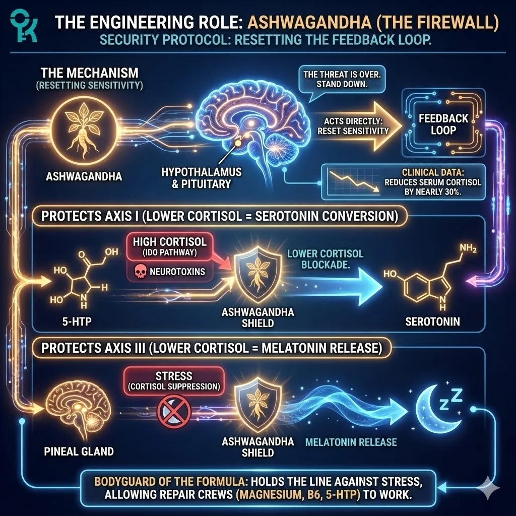 3D macro render of Ashwagandha as the "Security Protocol" within Axis II. The visual depicts glowing organic golden roots integrating into the Hypothalamus, symbolizing the reset of the Negative Feedback Loop. Metallic textures and vibrant gold accents show the cessation of the "IDO Shunt," allowing 5-HTP to flow toward Serotonin synthesis. This functional schematic maps Ashwagandha as the "Bodyguard" of the Matrix, holding the line against the Cortisol Steal to enable systemic repair and hormonal sovereignty. 3D macro render of Ashwagandha as the "Security Protocol" within Axis II. The visual depicts glowing organic golden roots integrating into the Hypothalamus, symbolizing the reset of the Negative Feedback Loop. Metallic textures and vibrant gold accents show the cessation of the "IDO Shunt," allowing 5-HTP to flow toward Serotonin synthesis. This functional schematic maps Ashwagandha as the "Bodyguard" of the Matrix, holding the line against the Cortisol Steal to enable systemic repair and hormonal sovereignty.