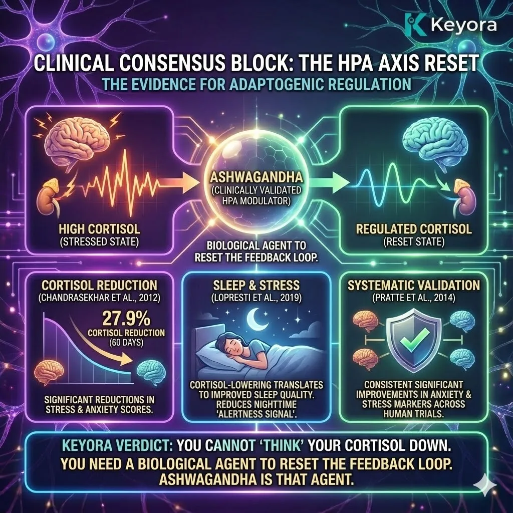 High-end scientific render depicting the "HPA Axis Reset." The 3D visual illustrates Ashwagandha’s high-concentration withanolides recalibrating the Hypothalamus to terminate the "Alertness Signal." Metallic textures and cinematic lighting show a 27.9% reduction in serum cortisol, clearing the pathway for natural sleep onset. This functional schematic proves the transition from chronic sympathetic activation to parasympathetic recovery, establishing the clinical necessity of a biological agent to reset the stress feedback loop. High-end scientific render depicting the "HPA Axis Reset." The 3D visual illustrates Ashwagandha’s high-concentration withanolides recalibrating the Hypothalamus to terminate the "Alertness Signal." Metallic textures and cinematic lighting show a 27.9% reduction in serum cortisol, clearing the pathway for natural sleep onset. This functional schematic proves the transition from chronic sympathetic activation to parasympathetic recovery, establishing the clinical necessity of a biological agent to reset the stress feedback loop.