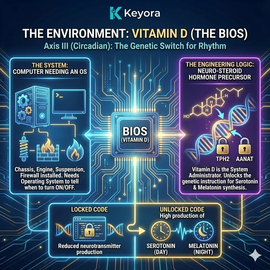 3D macro render of Vitamin D as the "System BIOS" within Axis III. The visual depicts Vitamin D as a "Neuro-Steroid Hormone Precursor" acting on the cellular nucleus to unlock genetic code. Metallic textures and vibrant gold accents show the activation of the TPH2 and AANAT enzymes, transitioning the brain from a "Locked" state to a synchronized rhythmic flow. This functional schematic maps the engineering of the Circadian-Rhythm Axis, where Vitamin D serves as the System Administrator for temporal synchronization. 3D macro render of Vitamin D as the "System BIOS" within Axis III. The visual depicts Vitamin D as a "Neuro-Steroid Hormone Precursor" acting on the cellular nucleus to unlock genetic code. Metallic textures and vibrant gold accents show the activation of the TPH2 and AANAT enzymes, transitioning the brain from a "Locked" state to a synchronized rhythmic flow. This functional schematic maps the engineering of the Circadian-Rhythm Axis, where Vitamin D serves as the System Administrator for temporal synchronization.
