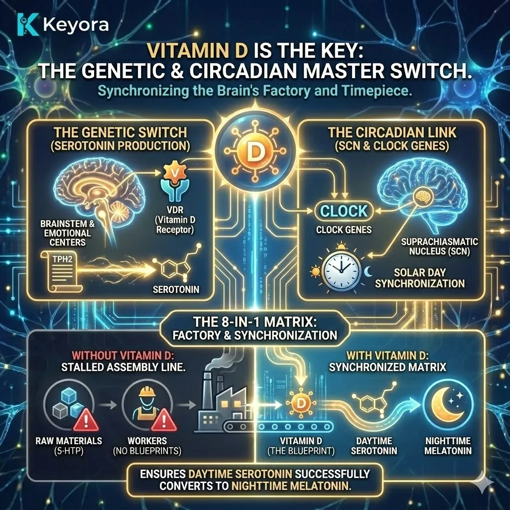 3D macro render of Vitamin D as the "Genetic Key" within the SCN. The visual illustrates the activation of the TPH2 gene—the "instruction manual" for Serotonin synthesis. Metallic textures and neon cyan pulses show the expression of Clock Genes, synchronizing the 8-in-1 Matrix with the solar day. This functional schematic maps the transition from stalled assembly lines to a fluid Melatonin conversion process, ensuring the factory has the blueprints to execute temporal repair. 3D macro render of Vitamin D as the "Genetic Key" within the SCN. The visual illustrates the activation of the TPH2 gene—the "instruction manual" for Serotonin synthesis. Metallic textures and neon cyan pulses show the expression of Clock Genes, synchronizing the 8-in-1 Matrix with the solar day. This functional schematic maps the transition from stalled assembly lines to a fluid Melatonin conversion process, ensuring the factory has the blueprints to execute temporal repair.