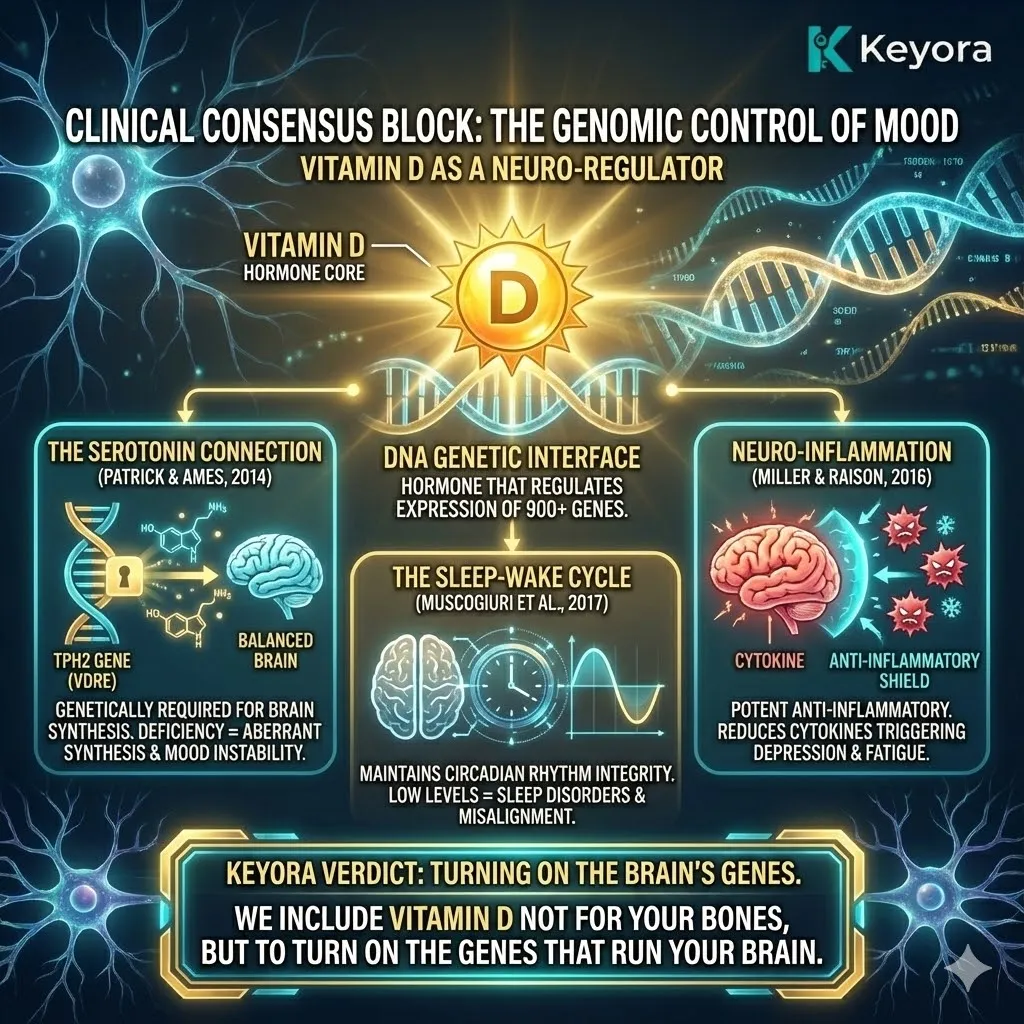 High-end scientific render depicting the "Genomic Control of Mood." The 3D visual illustrates the Vitamin D Response Element (VDRE) as a glowing golden switch on the TPH2 gene. Metallic textures and cinematic lighting show the transition from "aberrant synthesis" to the full-scale genetic production of brain-stabilizing Serotonin. This functional schematic proves the role of Vitamin D in reducing neuro-inflammatory cytokines and securing circadian integrity, establishing it as the fundamental OS for the Keyora Standard. High-end scientific render depicting the "Genomic Control of Mood." The 3D visual illustrates the Vitamin D Response Element (VDRE) as a glowing golden switch on the TPH2 gene. Metallic textures and cinematic lighting show the transition from "aberrant synthesis" to the full-scale genetic production of brain-stabilizing Serotonin. This functional schematic proves the role of Vitamin D in reducing neuro-inflammatory cytokines and securing circadian integrity, establishing it as the fundamental OS for the Keyora Standard.
