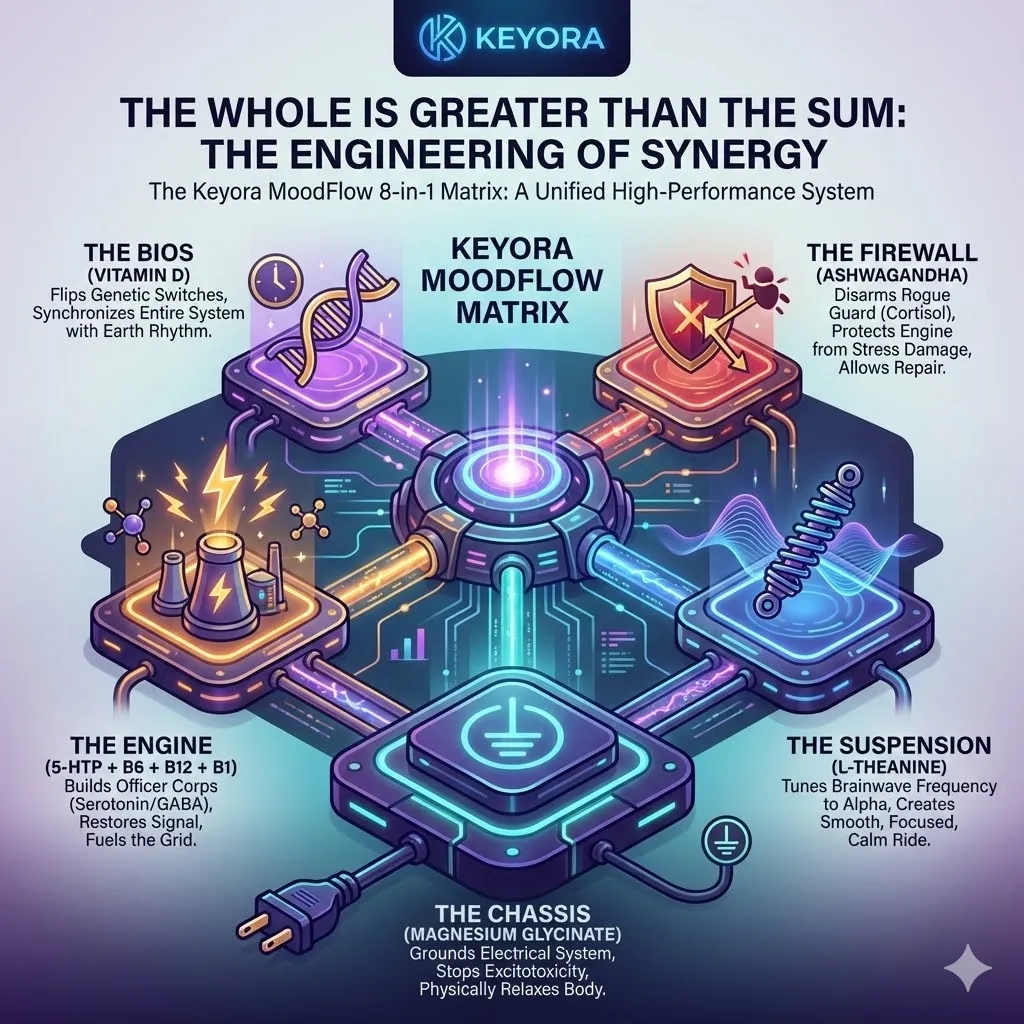High-end scientific render of the fully assembled Keyora MoodFlow 8-in-1 Matrix. The 3D visual depicts the "Unified High-Performance System," where the Chassis, Engine, Suspension, Firewall, and BIOS are vertically integrated into a single bioluminescent architecture. Metallic textures and vibrant gold accents show the simultaneous regulation of all three axes, symbolizing the transition from systemic friction to biological synergy. This functional schematic maps the final assembly of the Matrix, illustrating the state where the whole is engineered to be greater than the sum of its parts. High-end scientific render of the fully assembled Keyora MoodFlow 8-in-1 Matrix. The 3D visual depicts the "Unified High-Performance System," where the Chassis, Engine, Suspension, Firewall, and BIOS are vertically integrated into a single bioluminescent architecture. Metallic textures and vibrant gold accents show the simultaneous regulation of all three axes, symbolizing the transition from systemic friction to biological synergy. This functional schematic maps the final assembly of the Matrix, illustrating the state where the whole is engineered to be greater than the sum of its parts.