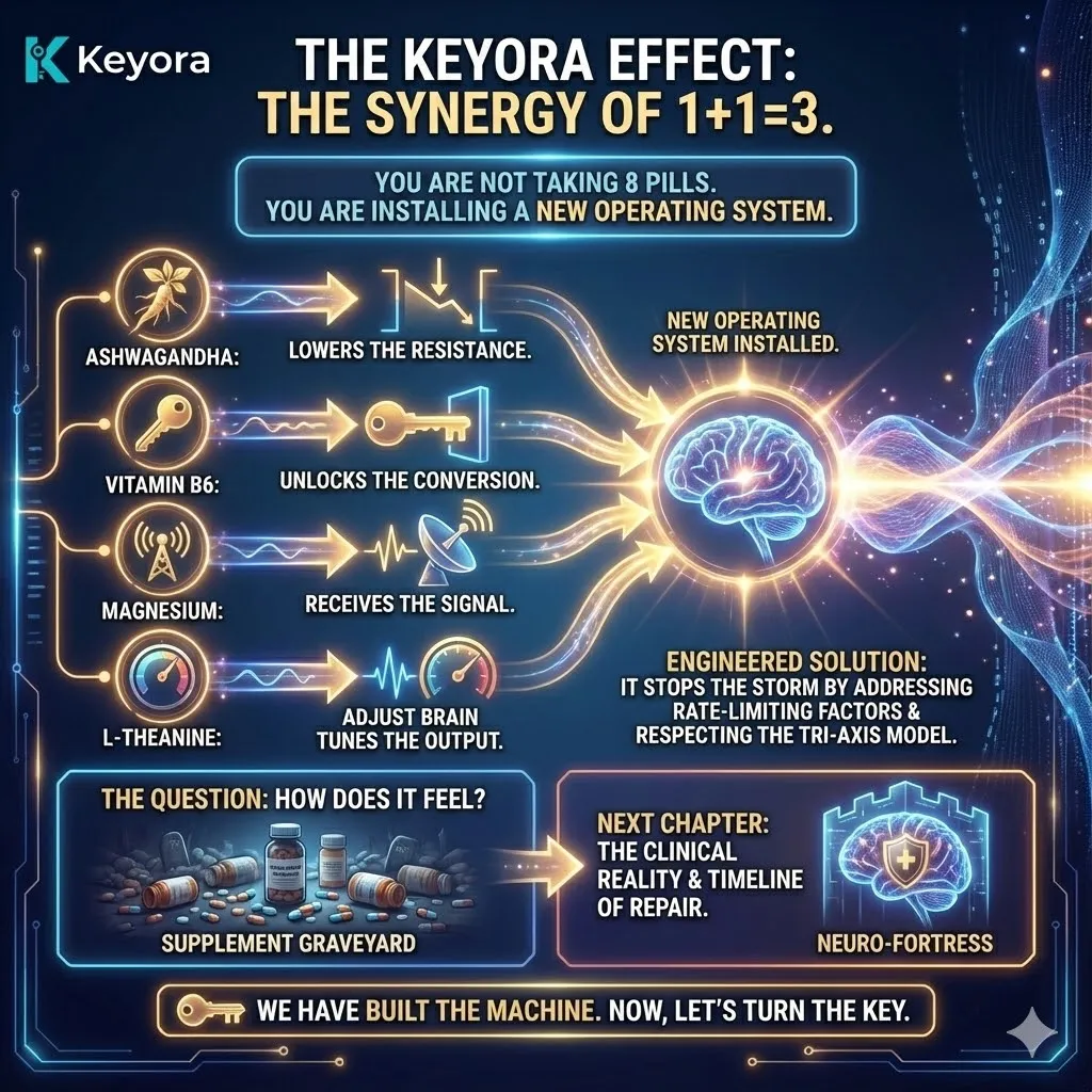 3D macro render of the "Keyora Effect" activation. The visual depicts the simultaneous firing of the 8-in-1 Matrix: Ashwagandha lowering resistance, B6 unlocking conversion, Magnesium receiving the signal, and Theanine tuning the output. Metallic textures and vibrant gold accents illustrate the transition from a "Supplement Graveyard" to a unified "Neuro-Fortress." This functional schematic maps the installation of the new Biological Operating System, signaling the definitive end of the Neuro-Endocrine Storm. 3D macro render of the "Keyora Effect" activation. The visual depicts the simultaneous firing of the 8-in-1 Matrix: Ashwagandha lowering resistance, B6 unlocking conversion, Magnesium receiving the signal, and Theanine tuning the output. Metallic textures and vibrant gold accents illustrate the transition from a "Supplement Graveyard" to a unified "Neuro-Fortress." This functional schematic maps the installation of the new Biological Operating System, signaling the definitive end of the Neuro-Endocrine Storm.