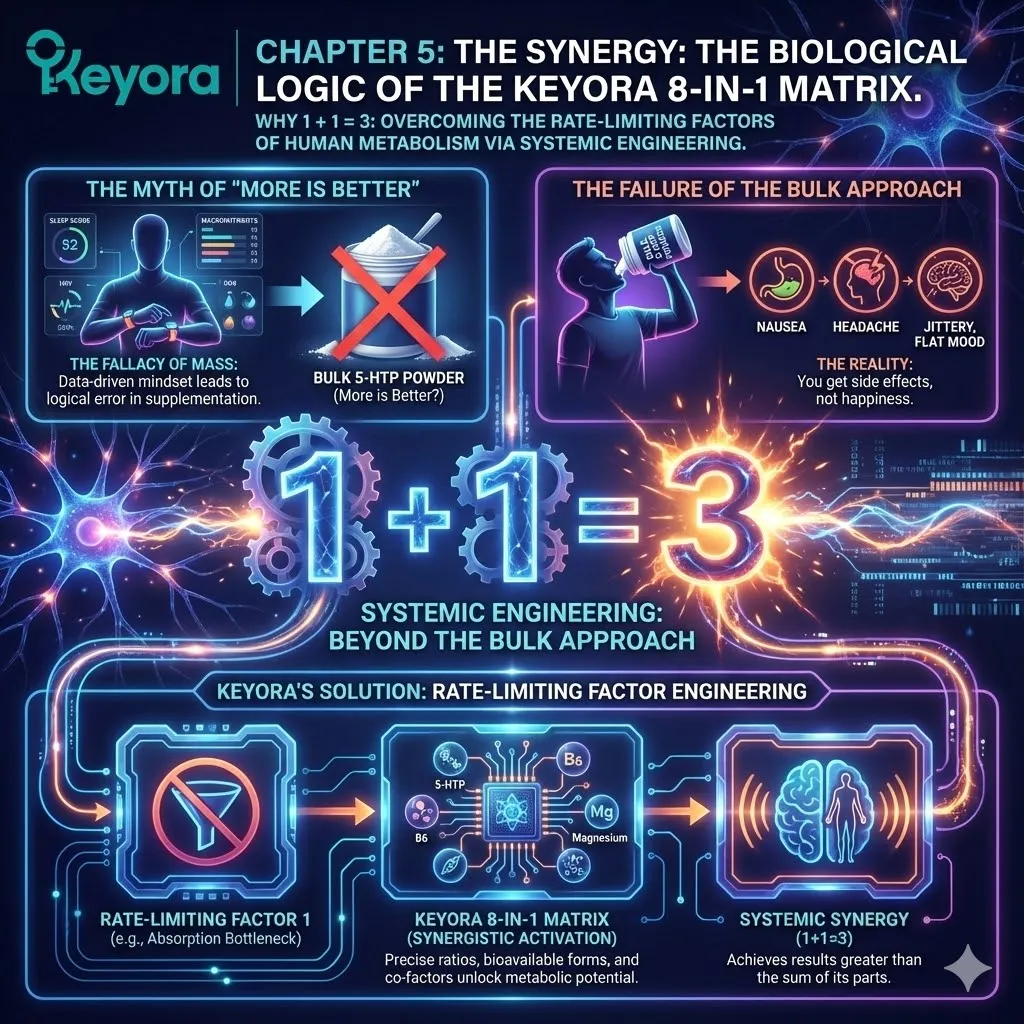 High-end scientific render depicting the "Fallacy of Mass." The 3D visual contrasts a chaotic "Bulk Approach" (fragmented molecules causing system friction) with the streamlined "Systemic Engineering" of the Keyora Matrix. Metallic textures and deep midnight blue tones illustrate the biological friction of excess 5-HTP—nausea and headaches—symbolized by a stalled neural engine. This functional schematic maps the failure of isolated, high-dose supplementation in a system lacking the necessary cofactors for conversion. High-end scientific render depicting the "Fallacy of Mass." The 3D visual contrasts a chaotic "Bulk Approach" (fragmented molecules causing system friction) with the streamlined "Systemic Engineering" of the Keyora Matrix. Metallic textures and deep midnight blue tones illustrate the biological friction of excess 5-HTP—nausea and headaches—symbolized by a stalled neural engine. This functional schematic maps the failure of isolated, high-dose supplementation in a system lacking the necessary cofactors for conversion.