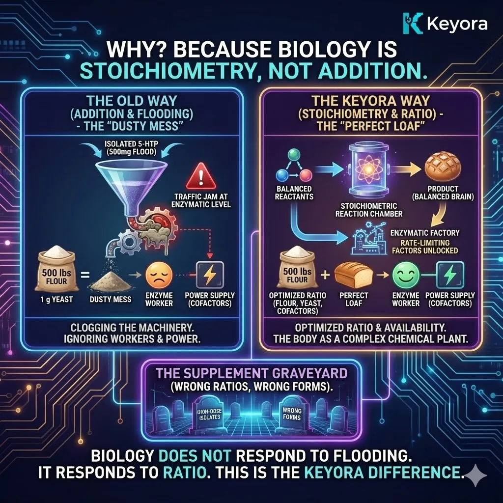 High-end scientific render depicting "Biological Stoichiometry." The 3D visual contrasts "Enzymatic Clogging" (a surplus of 5-HTP causing a molecular traffic jam) with a "Ratio-Perfected" reaction. Metallic textures and deep midnight blue backgrounds illustrate the "Yeast Metaphor," where isolated raw materials fail to convert without cofactors. This functional schematic maps the failure of "flooding" vs. the Keyora Standard of precise chemical availability. High-end scientific render depicting "Biological Stoichiometry." The 3D visual contrasts "Enzymatic Clogging" (a surplus of 5-HTP causing a molecular traffic jam) with a "Ratio-Perfected" reaction. Metallic textures and deep midnight blue backgrounds illustrate the "Yeast Metaphor," where isolated raw materials fail to convert without cofactors. This functional schematic maps the failure of "flooding" vs. the Keyora Standard of precise chemical availability.