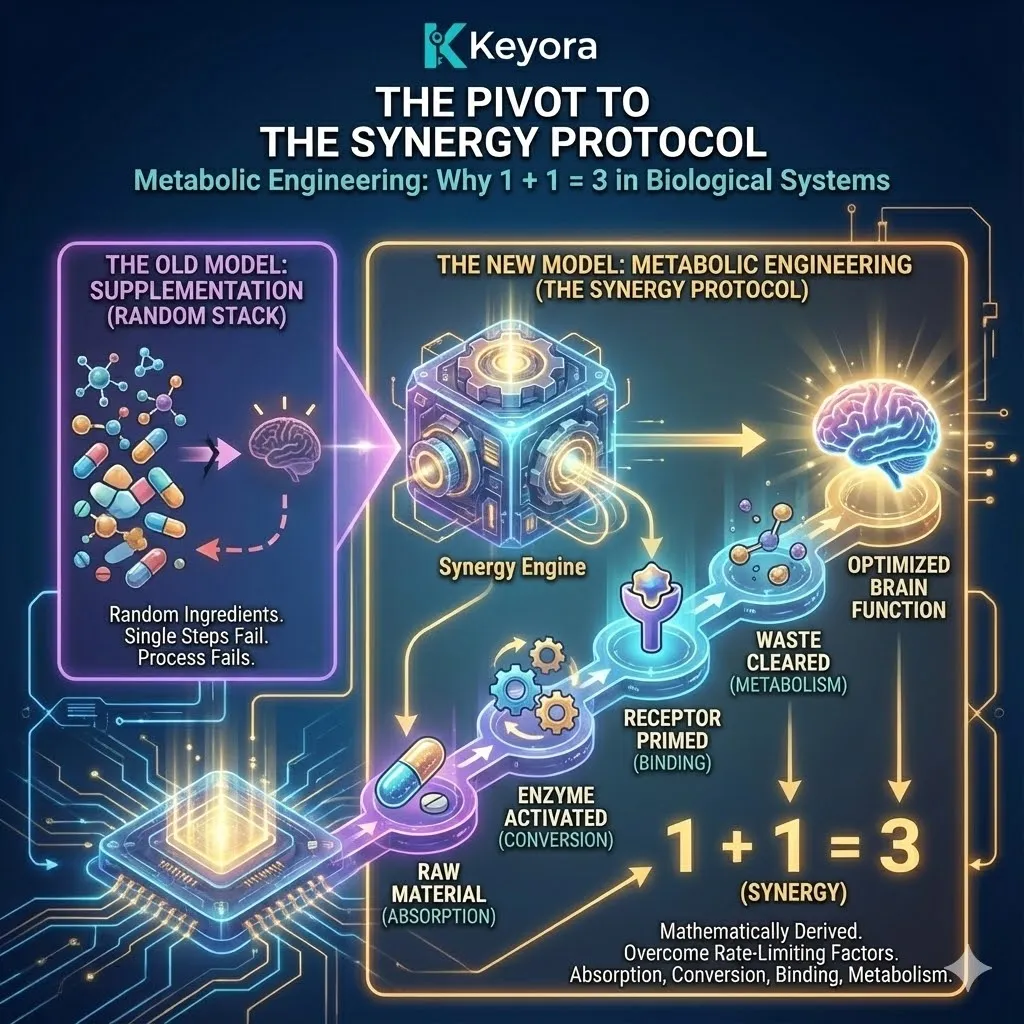 High-end scientific render depicting "Metabolic Engineering" within the neural synapse. The 3D visual maps the "Synergy Protocol": a precise sequence showing raw material absorption, enzymatic conversion, receptor binding, and metabolic clearance. Metallic textures and neon cyan accents illustrate the flow through active transporters and electrical gradients. This functional schematic proves the 1+1=3 logic, where mathematically derived ratios overcome systemic rate-limiting factors. High-end scientific render depicting "Metabolic Engineering" within the neural synapse. The 3D visual maps the "Synergy Protocol": a precise sequence showing raw material absorption, enzymatic conversion, receptor binding, and metabolic clearance. Metallic textures and neon cyan accents illustrate the flow through active transporters and electrical gradients. This functional schematic proves the 1+1=3 logic, where mathematically derived ratios overcome systemic rate-limiting factors.