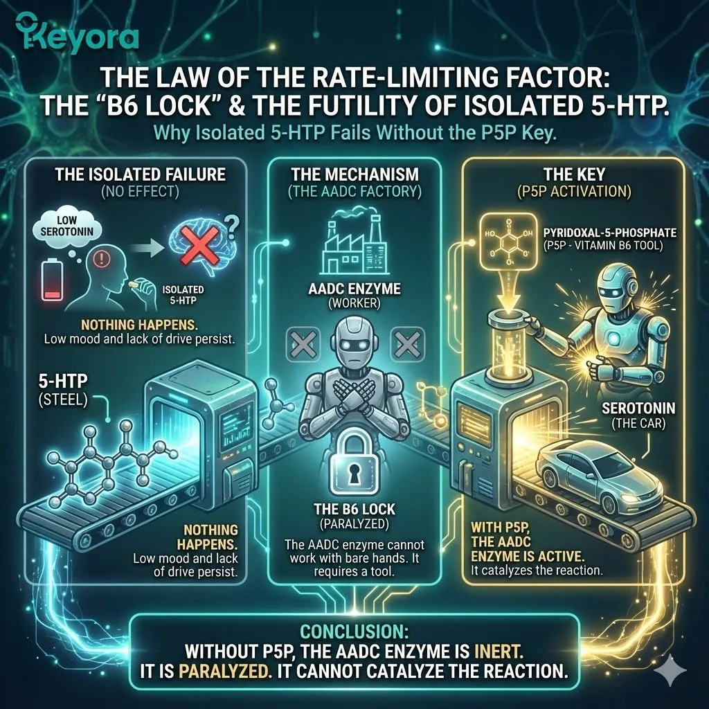 3D macro render of the "AADC Enzyme Assembly Line." The visual depicts the AADC enzyme as an inert "Worker" unable to process 5-HTP "Steel" without the P5P (Vitamin B6) "Tool." Metallic textures and bioluminescent fluid show the molecular paralysis of an un-catalyzed reaction. This functional schematic maps the "B6 Lock," proving that without the active coenzyme tool, the conversion to Serotonin is physically impossible, regardless of precursor volume. 3D macro render of the "AADC Enzyme Assembly Line." The visual depicts the AADC enzyme as an inert "Worker" unable to process 5-HTP "Steel" without the P5P (Vitamin B6) "Tool." Metallic textures and bioluminescent fluid show the molecular paralysis of an un-catalyzed reaction. This functional schematic maps the "B6 Lock," proving that without the active coenzyme tool, the conversion to Serotonin is physically impossible, regardless of precursor volume.