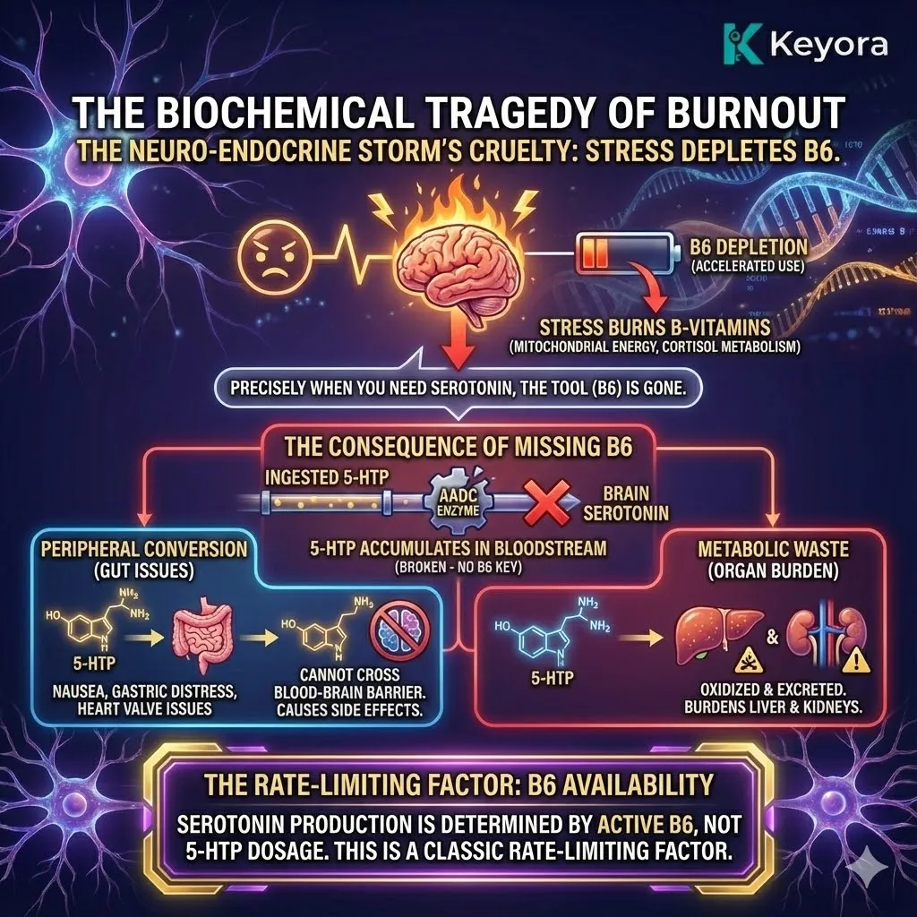 3D macro render of the "Biochemical Tragedy." The visual illustrates the depletion of B6 under high cognitive load, leading to "Peripheral Conversion." Metallic textures and vibrant gold accents show 5-HTP being shunted to the gut, causing gastric distress, while the brain remains in a Serotonin deficit. This functional schematic maps the metabolic waste and systemic friction occurring when the "Rate-Limiting Factor" is ignored. 3D macro render of the "Biochemical Tragedy." The visual illustrates the depletion of B6 under high cognitive load, leading to "Peripheral Conversion." Metallic textures and vibrant gold accents show 5-HTP being shunted to the gut, causing gastric distress, while the brain remains in a Serotonin deficit. This functional schematic maps the metabolic waste and systemic friction occurring when the "Rate-Limiting Factor" is ignored.