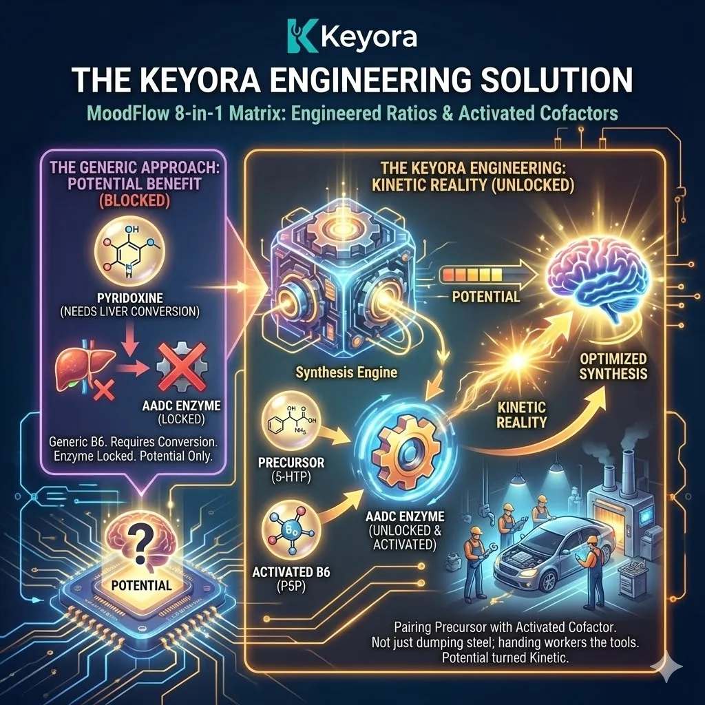 3D macro render of "Kinetic Realization." The visual depicts the transition from inert Pyridoxine to active P5P, delivering the necessary "Tools" to the AADC enzyme. Metallic textures and neon cyan pulses show the immediate conversion of 5-HTP into Serotonin within the neural synapse. This functional schematic maps the engineering of the 5-HTP:B6 ratio, ensuring raw materials are processed at the site of synthesis rather than being shunted to metabolic waste. 3D macro render of "Kinetic Realization." The visual depicts the transition from inert Pyridoxine to active P5P, delivering the necessary "Tools" to the AADC enzyme. Metallic textures and neon cyan pulses show the immediate conversion of 5-HTP into Serotonin within the neural synapse. This functional schematic maps the engineering of the 5-HTP:B6 ratio, ensuring raw materials are processed at the site of synthesis rather than being shunted to metabolic waste.