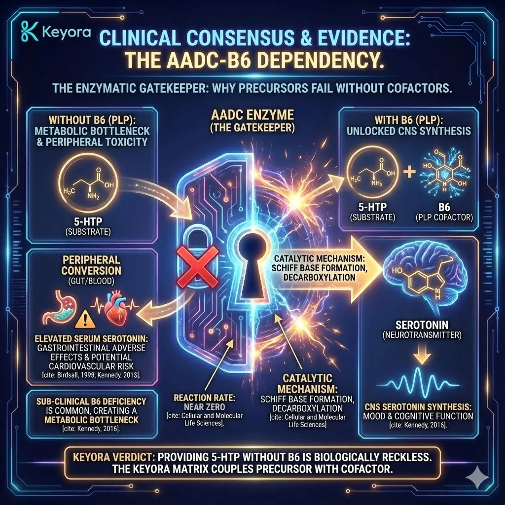 High-end scientific render depicting the "Enzymatic Gatekeeper." The 3D visual illustrates the Pyridoxal-5-Phosphate (PLP) molecule forming a "Schiff Base" with 5-HTP, destabilizing bonds to catalyze Serotonin production. Metallic textures and cinematic lighting show the "Metabolic Bottleneck" of B6 deficiency, where the reaction rate drops to near zero. This functional schematic proves the Keyora Verdict: coupling precursors with obligatory cofactors to prevent the biological recklessness of peripheral conversion. High-end scientific render depicting the "Enzymatic Gatekeeper." The 3D visual illustrates the Pyridoxal-5-Phosphate (PLP) molecule forming a "Schiff Base" with 5-HTP, destabilizing bonds to catalyze Serotonin production. Metallic textures and cinematic lighting show the "Metabolic Bottleneck" of B6 deficiency, where the reaction rate drops to near zero. This functional schematic proves the Keyora Verdict: coupling precursors with obligatory cofactors to prevent the biological recklessness of peripheral conversion.