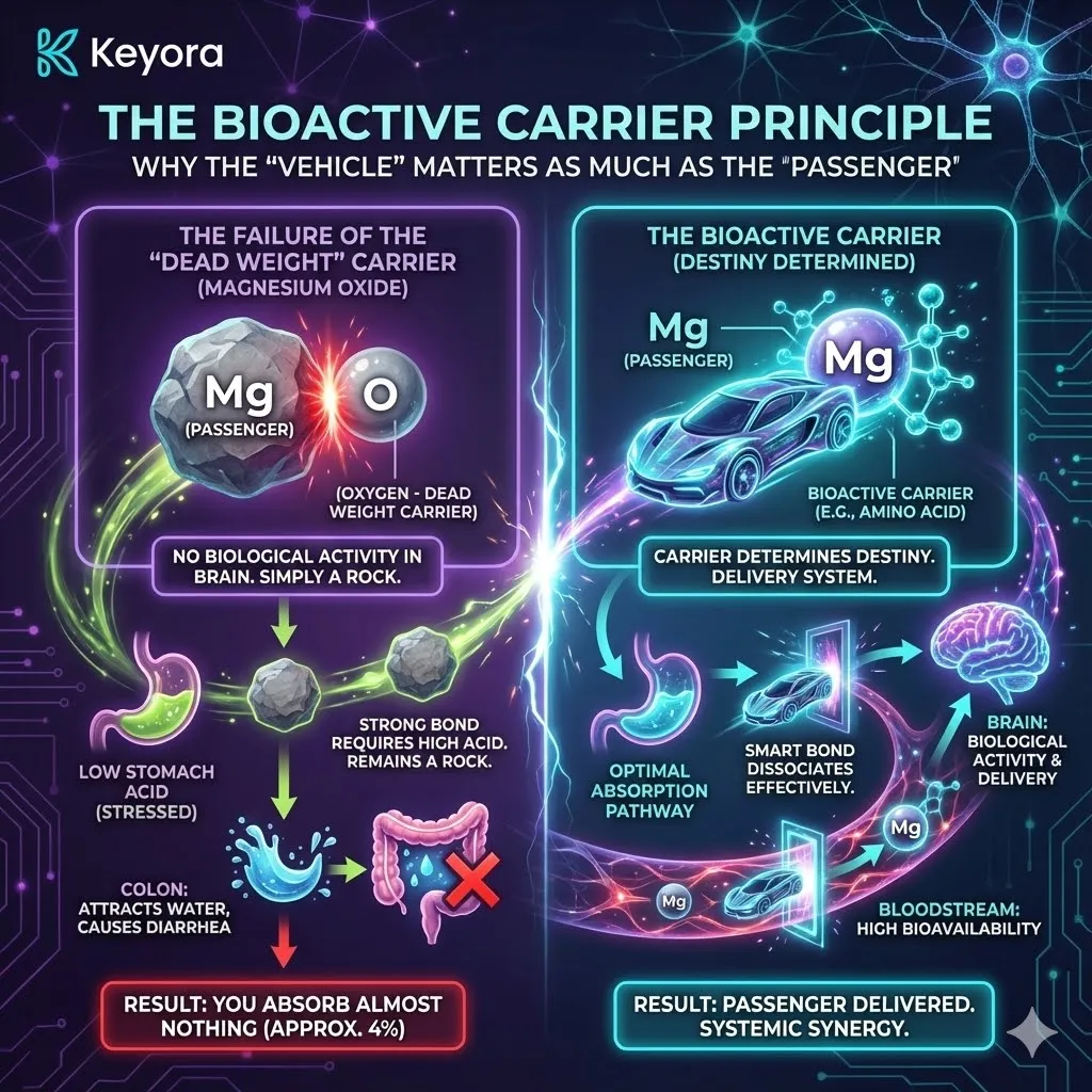 3D macro render of the "Dead Weight Failure." The visual contrasts the "Rock-Like" structure of Magnesium Oxide with the high-performance architecture of the Keyora Chassis. Metallic textures and deep midnight blue tones illustrate the "Osmotic Shunt"—where undissociated Magnesium Oxide molecules attract water in the colon, leading to a 4% absorption rate. This functional schematic maps the biological friction of low stomach acid and the failure of inorganic carriers to clear the gastric system. 3D macro render of the "Dead Weight Failure." The visual contrasts the "Rock-Like" structure of Magnesium Oxide with the high-performance architecture of the Keyora Chassis. Metallic textures and deep midnight blue tones illustrate the "Osmotic Shunt"—where undissociated Magnesium Oxide molecules attract water in the colon, leading to a 4% absorption rate. This functional schematic maps the biological friction of low stomach acid and the failure of inorganic carriers to clear the gastric system.