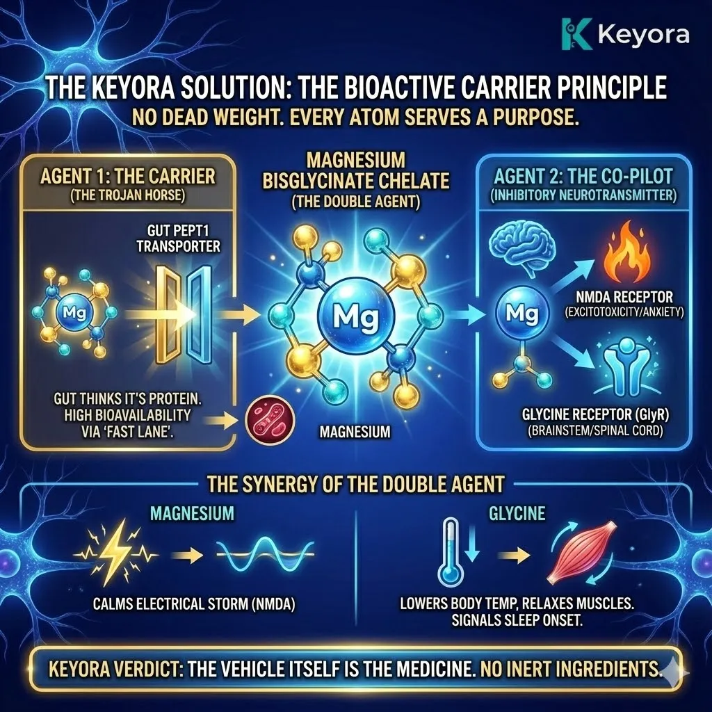 3D macro render of the "Double Agent" Magnesium Bisglycinate Chelate. The visual depicts the "Trojan Horse" effect: two molecules of Glycine acting as a protective high-tech shell around the Magnesium core, gliding through the PEPT1 transporter "Fast Lane." Metallic textures and vibrant gold accents show the molecule dissociating within the CNS—Magnesium anchoring at the NMDA receptor while Glycine binds to the GlyR receptor. This functional schematic illustrates the "Double Agent" synergy: blocking the electrical storm while simultaneously dropping core body temperature for sleep induction. 3D macro render of the "Double Agent" Magnesium Bisglycinate Chelate. The visual depicts the "Trojan Horse" effect: two molecules of Glycine acting as a protective high-tech shell around the Magnesium core, gliding through the PEPT1 transporter "Fast Lane." Metallic textures and vibrant gold accents show the molecule dissociating within the CNS—Magnesium anchoring at the NMDA receptor while Glycine binds to the GlyR receptor. This functional schematic illustrates the "Double Agent" synergy: blocking the electrical storm while simultaneously dropping core body temperature for sleep induction.