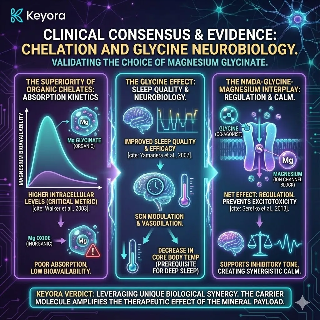 High-end scientific render depicting the "NMDA-Glycine Regulatory Complex." The 3D visual illustrates the NMDA Receptor as a high-tech ion gate, with the Magnesium Plug firmly in place to block the "Calcium Flood" of excitotoxicity. Metallic textures and vibrant gold accents show Glycine molecules binding to the brainstem receptors, initiating the vasodilation pulse. This functional schematic proves the Keyora Verdict: the net effect of the Glycinate-Magnesium pairing is the restoration of inhibitory tone and the induction of core-temperature cooling for deep sleep. High-end scientific render depicting the "NMDA-Glycine Regulatory Complex." The 3D visual illustrates the NMDA Receptor as a high-tech ion gate, with the Magnesium Plug firmly in place to block the "Calcium Flood" of excitotoxicity. Metallic textures and vibrant gold accents show Glycine molecules binding to the brainstem receptors, initiating the vasodilation pulse. This functional schematic proves the Keyora Verdict: the net effect of the Glycinate-Magnesium pairing is the restoration of inhibitory tone and the induction of core-temperature cooling for deep sleep.
