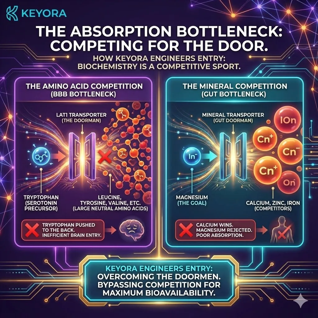 3D macro render of "The Absorption Bottleneck." The visual depicts the LAT1 Transporter as a high-tech gate crowded by Large Neutral Amino Acids (Leucine, Tyrosine), illustrating the "Molecular Traffic Jam" that blocks Tryptophan from the brain. Metallic textures and deep midnight blue tones contrast with the "Mineral Rejection" occurring at the gut lining, where cheap Magnesium is crowded out by Calcium. This functional schematic maps the failure of unengineered nutrition and the necessity of "Molecular Stealth" to bypass the doormen. 3D macro render of "The Absorption Bottleneck." The visual depicts the LAT1 Transporter as a high-tech gate crowded by Large Neutral Amino Acids (Leucine, Tyrosine), illustrating the "Molecular Traffic Jam" that blocks Tryptophan from the brain. Metallic textures and deep midnight blue tones contrast with the "Mineral Rejection" occurring at the gut lining, where cheap Magnesium is crowded out by Calcium. This functional schematic maps the failure of unengineered nutrition and the necessity of "Molecular Stealth" to bypass the doormen.