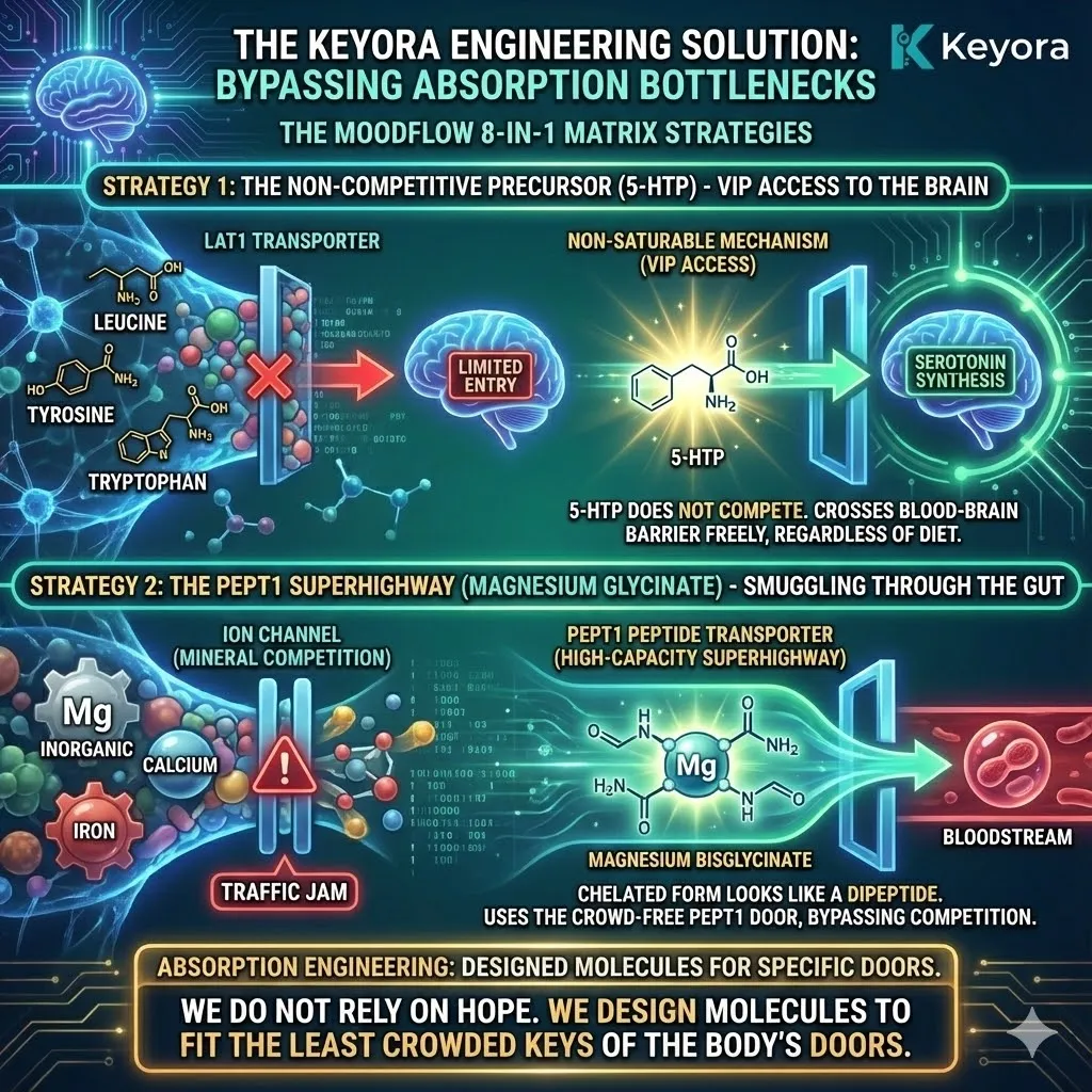 High-end scientific render depicting "Absorption Engineering" within the Keyora Standard. The 3D visual contrasts the "LAT1 Bottleneck" (where Tryptophan is blocked by competing amino acids) with the "5-HTP VIP Access" pathway, showing the precursor diffusing freely across the Blood-Brain Barrier. Metallic textures and neon cyan pulses illustrate the "PEPT1 Superhighway," where the Magnesium-Glycinate chelate bypasses the crowded mineral ion channels. This functional schematic maps the transition from competitive interference to streamlined molecular delivery. High-end scientific render depicting "Absorption Engineering" within the Keyora Standard. The 3D visual contrasts the "LAT1 Bottleneck" (where Tryptophan is blocked by competing amino acids) with the "5-HTP VIP Access" pathway, showing the precursor diffusing freely across the Blood-Brain Barrier. Metallic textures and neon cyan pulses illustrate the "PEPT1 Superhighway," where the Magnesium-Glycinate chelate bypasses the crowded mineral ion channels. This functional schematic maps the transition from competitive interference to streamlined molecular delivery.