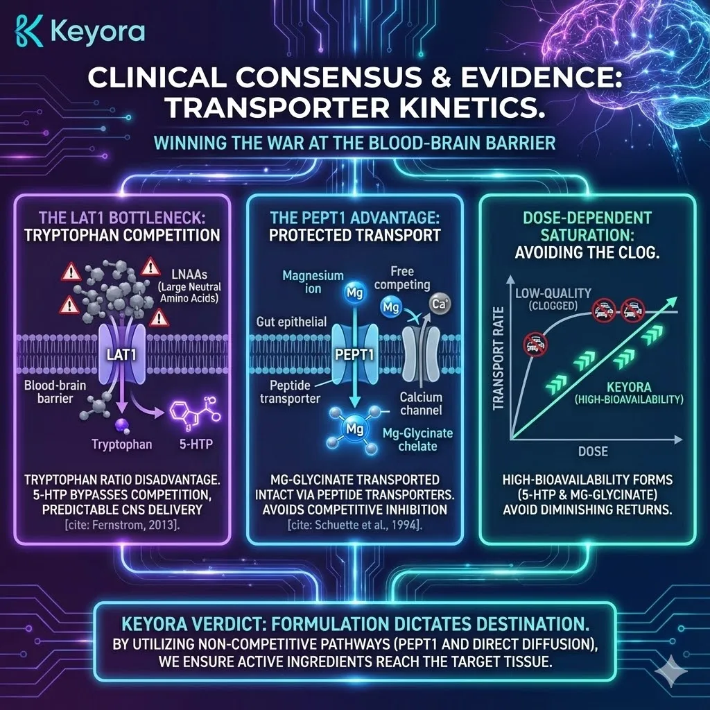 High-end scientific render depicting "Transporter Kinetics and Destination Control." The 3D visual illustrates 5-HTP moving via direct diffusion as a "VIP" molecule, contrasting with the high-traffic LAT1 gate where Tryptophan is stalled by LNAA competition. Metallic textures and vibrant gold accents highlight the PEPT1 "Protected Transport" channel, showing Magnesium Di-Glycinate bypassing the calcium-crowded ion channels. This functional schematic maps the elimination of "Dose-Dependent Saturation," ensuring that the Keyora Matrix achieves 100% target tissue saturation without clogging the metabolic machinery. High-end scientific render depicting "Transporter Kinetics and Destination Control." The 3D visual illustrates 5-HTP moving via direct diffusion as a "VIP" molecule, contrasting with the high-traffic LAT1 gate where Tryptophan is stalled by LNAA competition. Metallic textures and vibrant gold accents highlight the PEPT1 "Protected Transport" channel, showing Magnesium Di-Glycinate bypassing the calcium-crowded ion channels. This functional schematic maps the elimination of "Dose-Dependent Saturation," ensuring that the Keyora Matrix achieves 100% target tissue saturation without clogging the metabolic machinery.