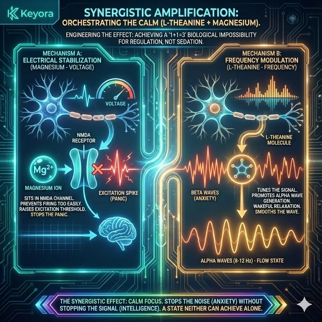 3D macro render of "The Synergistic Amplification." The visual illustrates the dual-action regulation of the neural synapse: the Magnesium Plug physically stabilizing the Voltage at the NMDA receptor, while L-Theanine pulses calibrate the Frequency of the surrounding field into synchronized Alpha Waves. Metallic textures and vibrant gold accents contrast the jagged "Beta spikes" of anxiety with the fluid, streamlined sine waves of the Alpha-state. This functional schematic maps the transition from chaotic fragmentation to the "Flow State," where the signal is preserved and the noise is eliminated. 3D macro render of "The Synergistic Amplification." The visual illustrates the dual-action regulation of the neural synapse: the Magnesium Plug physically stabilizing the Voltage at the NMDA receptor, while L-Theanine pulses calibrate the Frequency of the surrounding field into synchronized Alpha Waves. Metallic textures and vibrant gold accents contrast the jagged "Beta spikes" of anxiety with the fluid, streamlined sine waves of the Alpha-state. This functional schematic maps the transition from chaotic fragmentation to the "Flow State," where the signal is preserved and the noise is eliminated.
