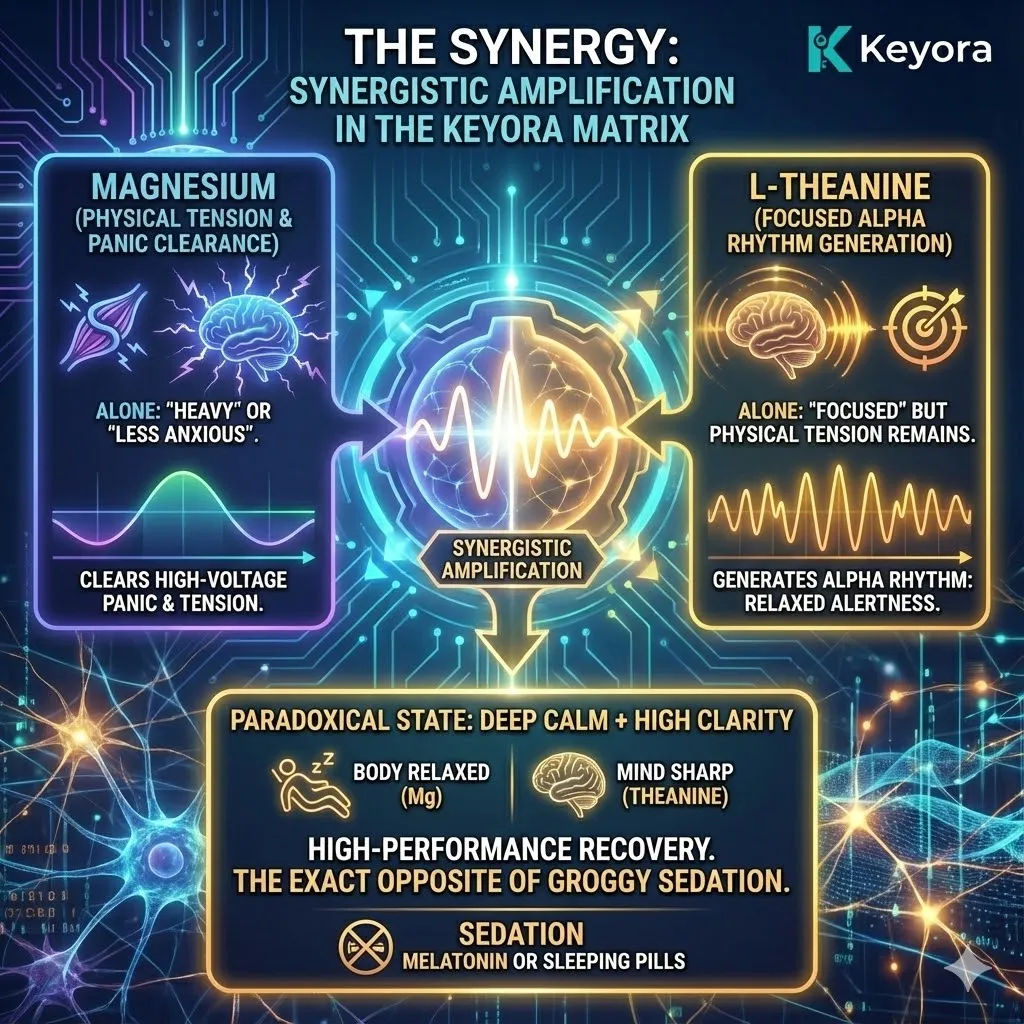 3D macro render of "The Alpha-Buffer Synergy." The visual depicts the Magnesium Chassis anchoring the neural foundation (Deep Calm) while L-Theanine pulses calibrate the field into synchronized Alpha rhythms (High Clarity). Metallic textures and vibrant gold accents illustrate the elimination of "Groggy Sedation," showing the transition to a high-performance recovery state. This functional schematic maps the paradoxical state where the physical body is grounded and the mental engine is sharpened for execution. 3D macro render of "The Alpha-Buffer Synergy." The visual depicts the Magnesium Chassis anchoring the neural foundation (Deep Calm) while L-Theanine pulses calibrate the field into synchronized Alpha rhythms (High Clarity). Metallic textures and vibrant gold accents illustrate the elimination of "Groggy Sedation," showing the transition to a high-performance recovery state. This functional schematic maps the paradoxical state where the physical body is grounded and the mental engine is sharpened for execution.