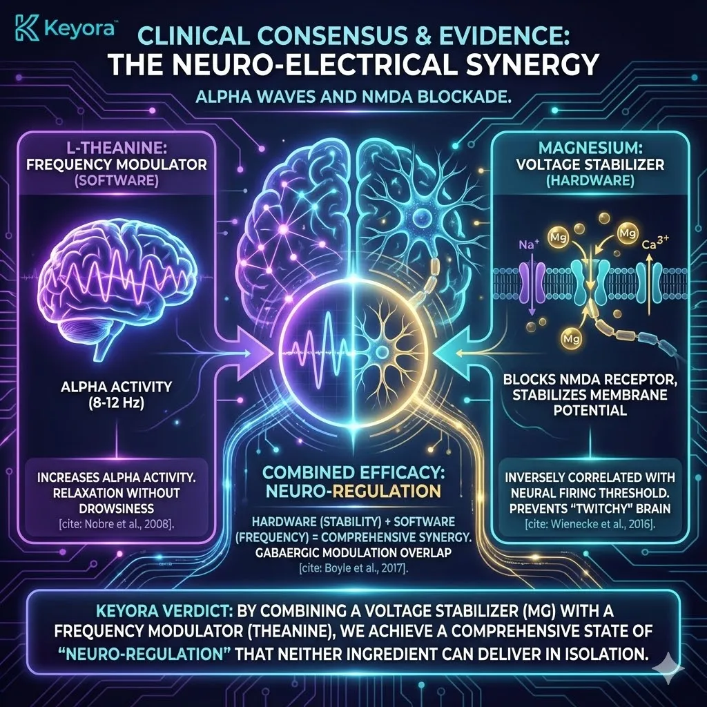 High-end scientific render depicting "The Neuro-Electrical Synergy." The 3D visual illustrates Magnesium as the hardware stabilizer, anchoring the neural membrane potential, while L-Theanine acts as the software upgrade, modulating the brainwave frequency into synchronized Alpha Activity. Metallic textures and neon cyan pulses show the increase in the occipital and parietal regions, contrasting with the "twitchy" hyper-excitability of a low-magnesium state. This functional schematic maps the achievement of Neuro-Regulation, where hardware stability and software frequency converge to eliminate anxiety without inducing drowsiness. High-end scientific render depicting "The Neuro-Electrical Synergy." The 3D visual illustrates Magnesium as the hardware stabilizer, anchoring the neural membrane potential, while L-Theanine acts as the software upgrade, modulating the brainwave frequency into synchronized Alpha Activity. Metallic textures and neon cyan pulses show the increase in the occipital and parietal regions, contrasting with the "twitchy" hyper-excitability of a low-magnesium state. This functional schematic maps the achievement of Neuro-Regulation, where hardware stability and software frequency converge to eliminate anxiety without inducing drowsiness.