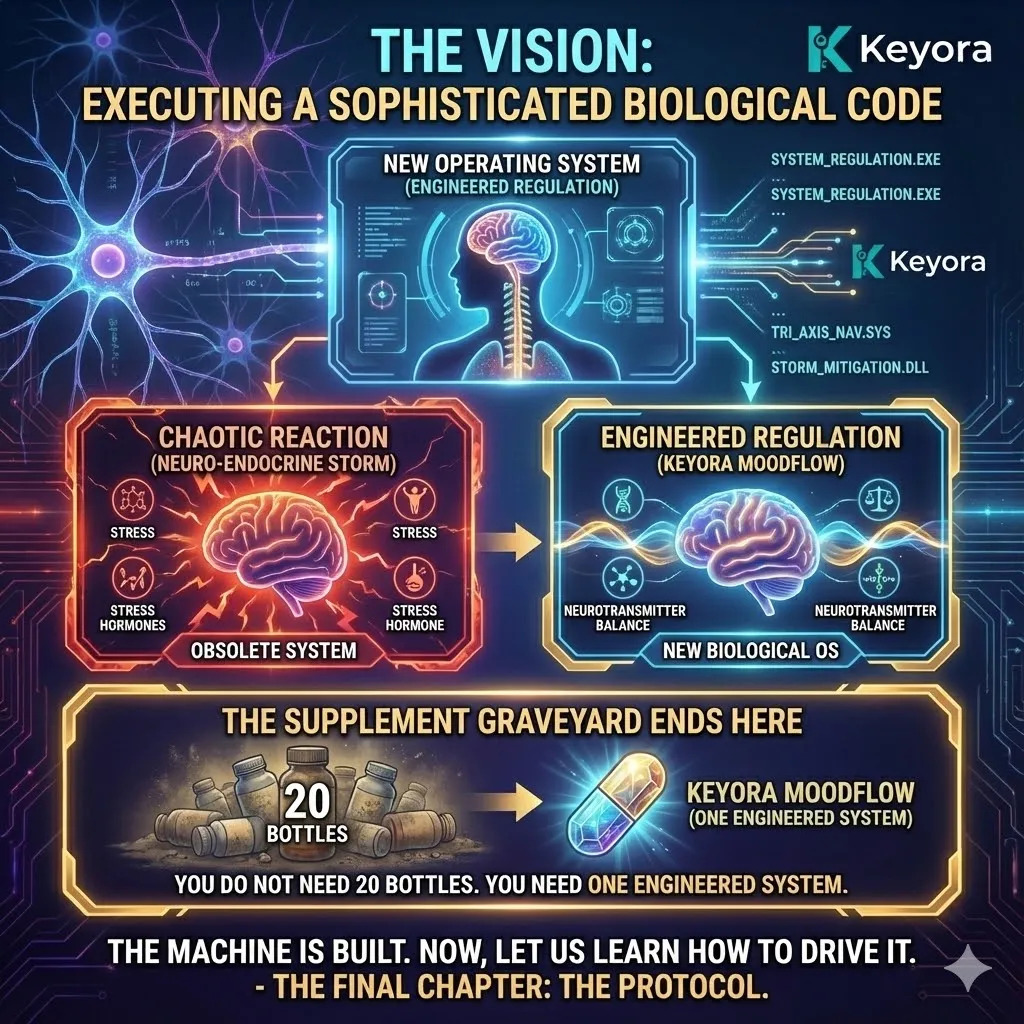High-end scientific editorial visual. A macro, hyper-realistic 3D render of a neural synapse structure where the connecting fibers are transforming into glowing organic golden roots, symbolizing the fusion of nature and neuroscience. The background is a Deep Midnight Blue (Hex #191970) contrasted with Vibrant Electric Gold (Hex #FFD700) and Neon Cyan accents. The text "Keyora" is explicitly integrated into the design in a sleek, modern, metallic sans-serif font, floating elegantly near the focal point. High-end scientific editorial visual. A macro, hyper-realistic 3D render of a neural synapse structure where the connecting fibers are transforming into glowing organic golden roots, symbolizing the fusion of nature and neuroscience. The background is a Deep Midnight Blue (Hex #191970) contrasted with Vibrant Electric Gold (Hex #FFD700) and Neon Cyan accents. The text "Keyora" is explicitly integrated into the design in a sleek, modern, metallic sans-serif font, floating elegantly near the focal point.