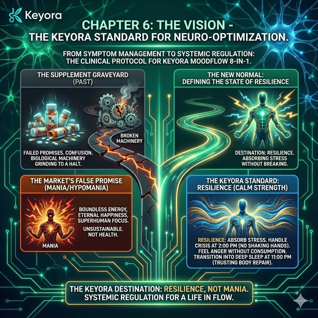 An 8k scientific schematic depicting the Keyora MoodFlow 8-in-1 Clinical Protocol for Systemic Regulation. The visual centers on a 3D neural synapse where Magnesium Glycinate and L-Theanine facilitate Cortisol Regulation, preventing the Neuro-Endocrine Storm. Metallic textures and bioluminescent fluid illustrate the transition from biological exhaustion to Neurological Sovereignty. This architectural design maps ATP Synthesis and Neuroplasticity as the foundation of the Four-Drive System, ensuring the high-performer maintains structural Resilience. An 8k scientific schematic depicting the Keyora MoodFlow 8-in-1 Clinical Protocol for Systemic Regulation. The visual centers on a 3D neural synapse where Magnesium Glycinate and L-Theanine facilitate Cortisol Regulation, preventing the Neuro-Endocrine Storm. Metallic textures and bioluminescent fluid illustrate the transition from biological exhaustion to Neurological Sovereignty. This architectural design maps ATP Synthesis and Neuroplasticity as the foundation of the Four-Drive System, ensuring the high-performer maintains structural Resilience.